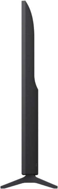 Side view of a slim, black television with a narrow stand.