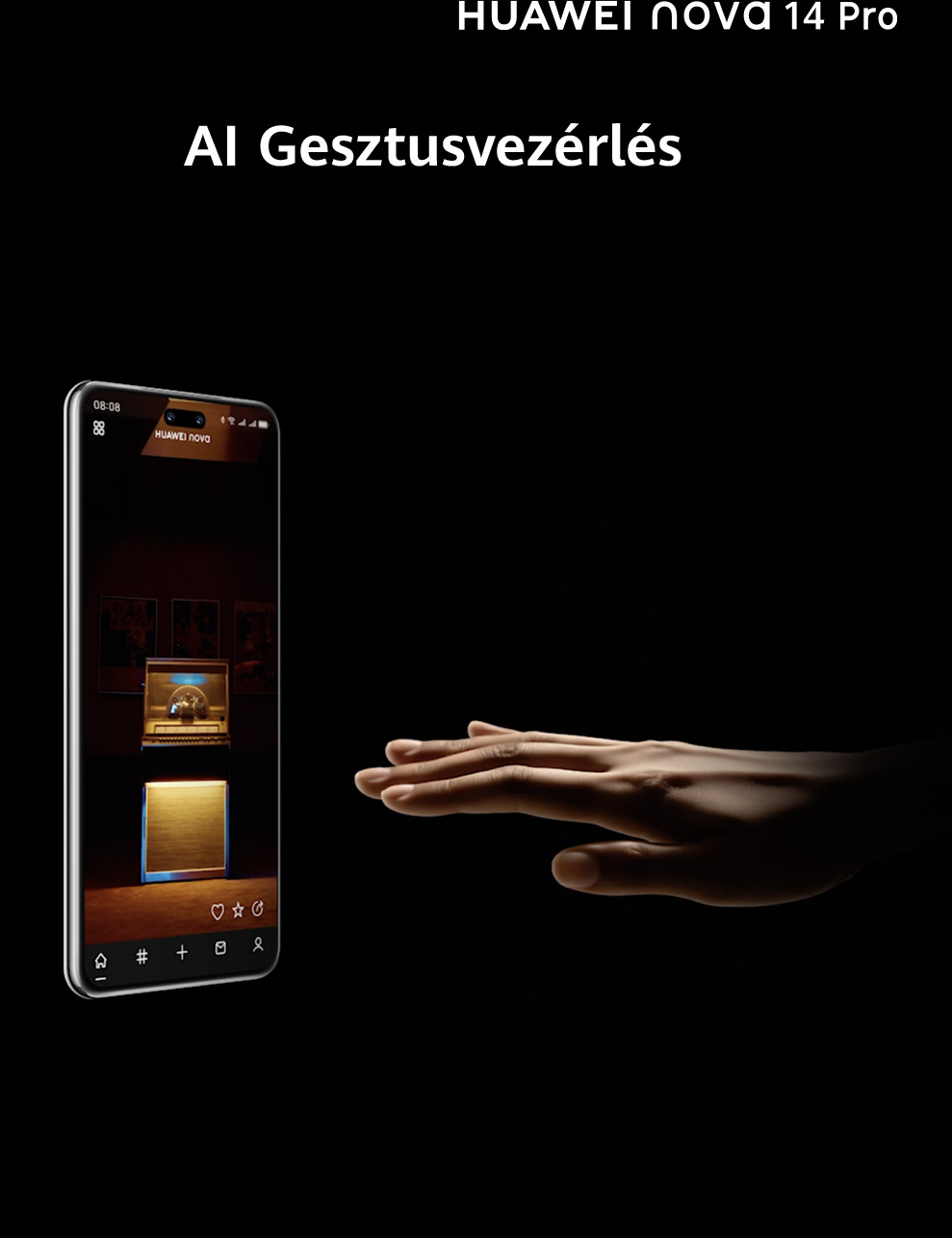 Egy kéz közelít egy Huawei Nova 14 Pro telefonhoz AI gesztusvezérléssel.