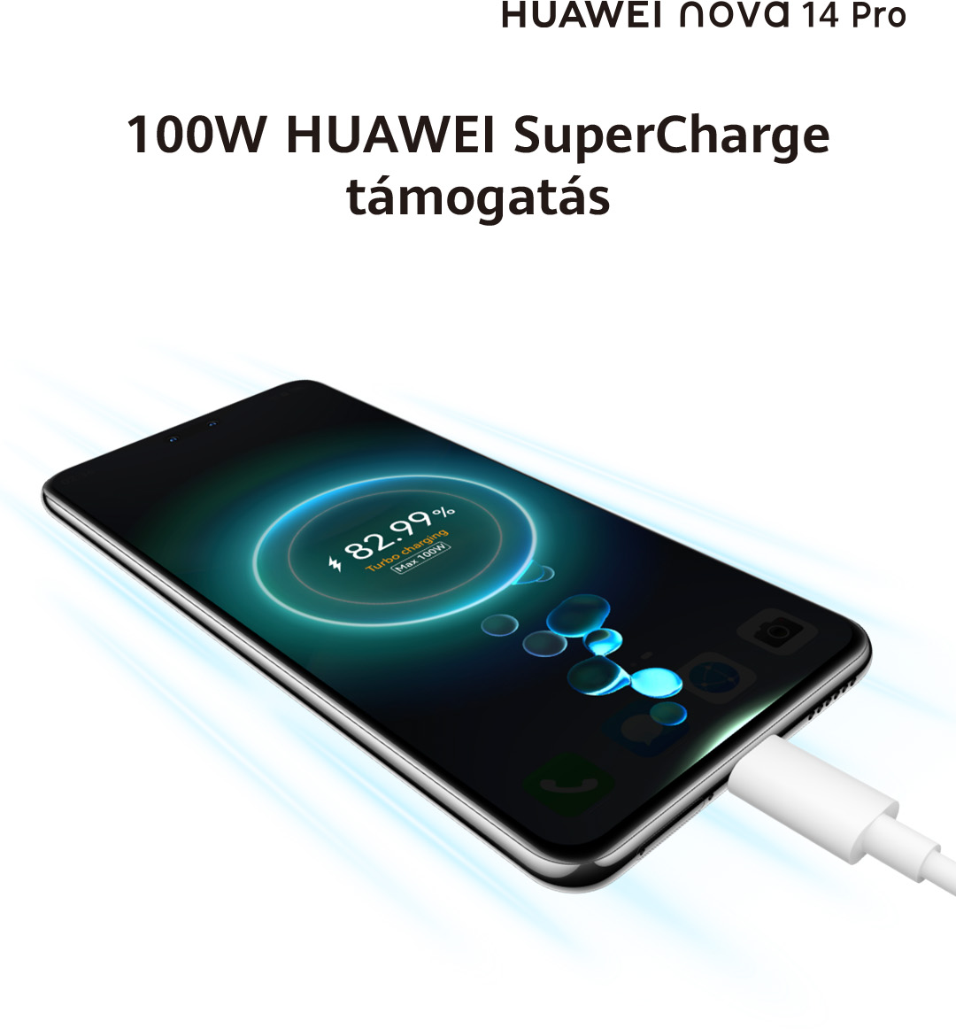 Egy Huawei Nova 14 Pro telefon 100W SuperCharge töltéssel, 82,99% töltöttséggel.