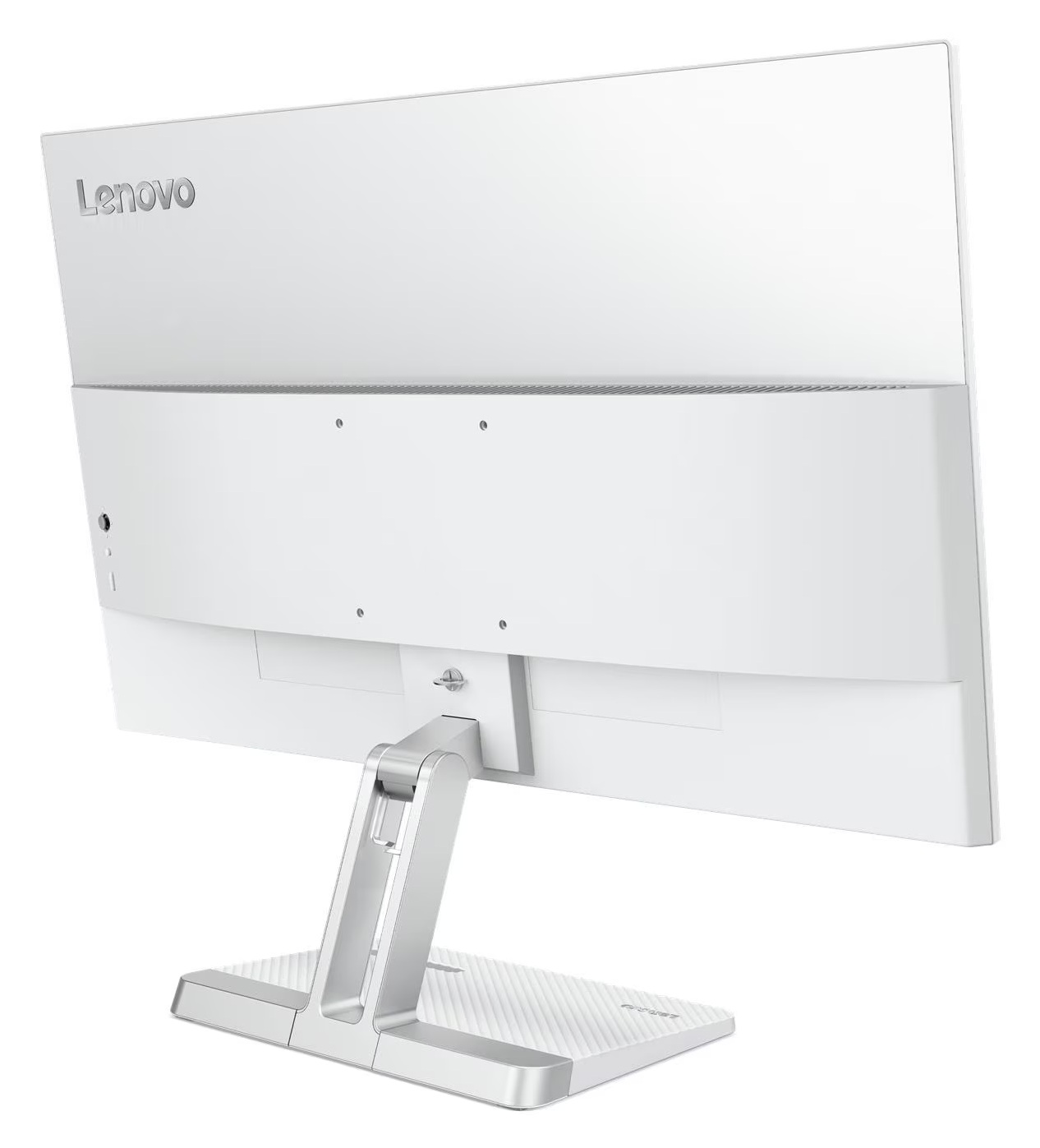 Tył białego monitora Lenovo ze srebrną podstawą.