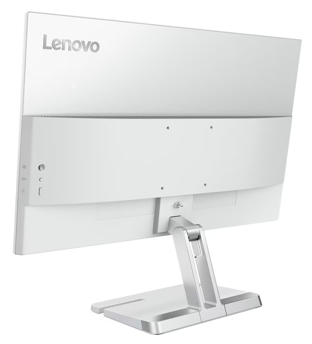 Tył białego monitora Lenovo ze srebrnym stojakiem. Przyciski po boku.