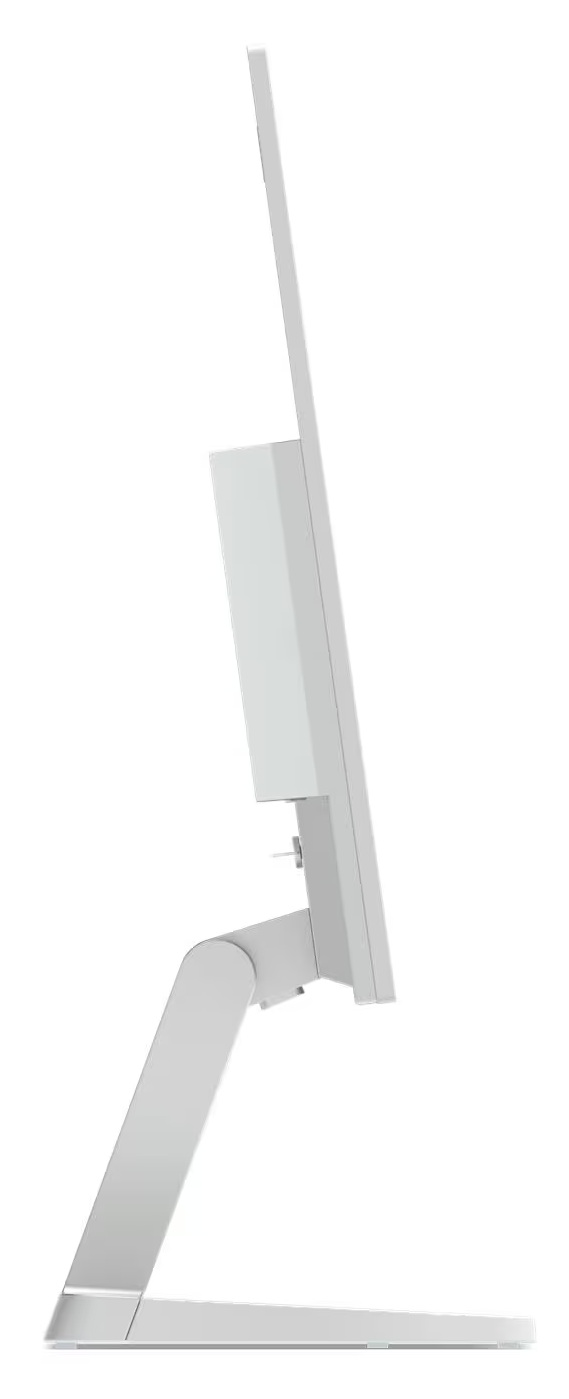 Biały monitor komputerowy na białym stojaku, pokazany z boku.