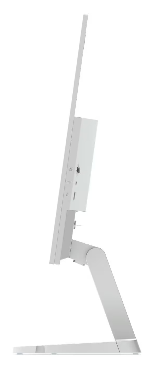 Biały monitor widok z boku, z portami i regulowaną podstawą.