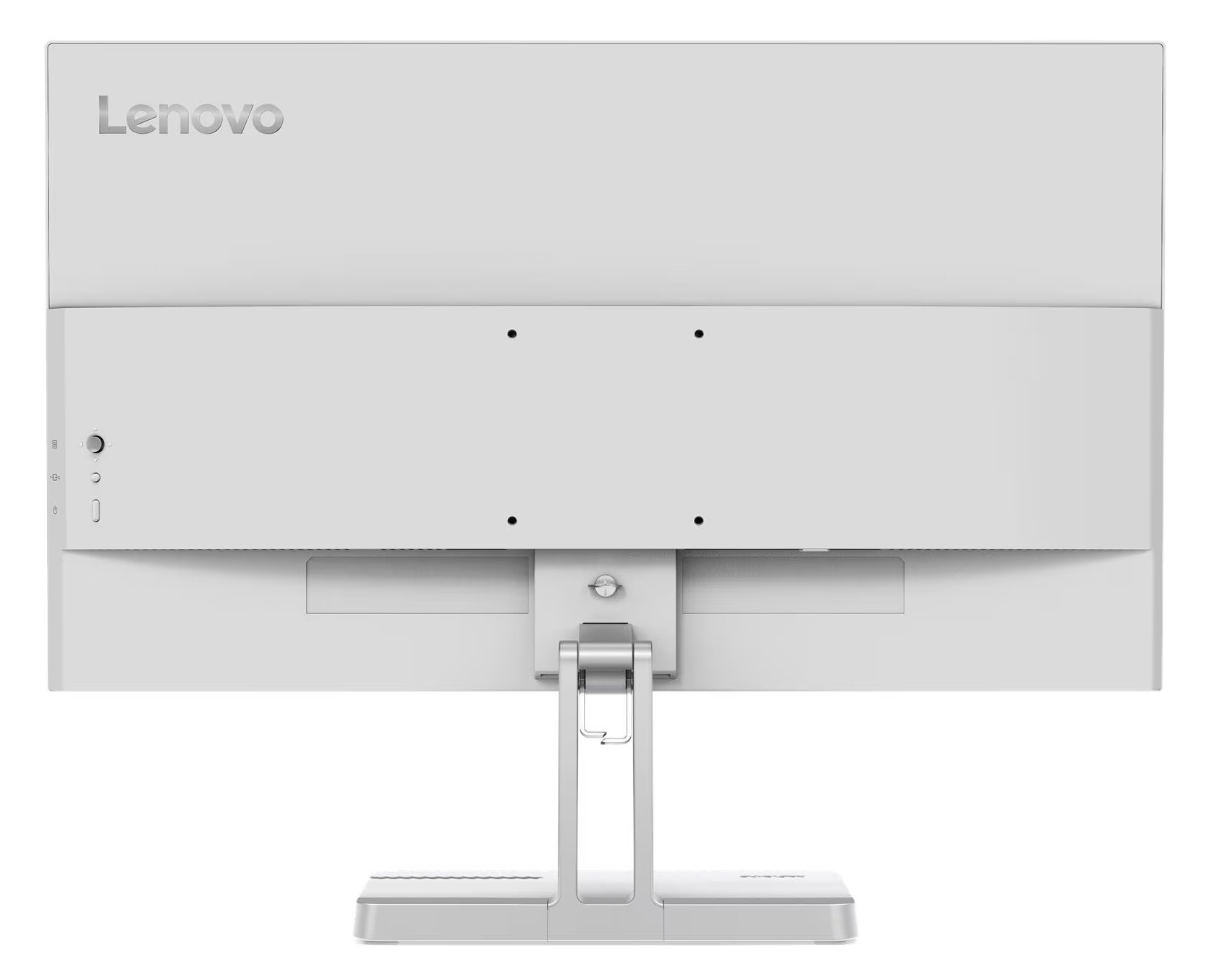 Tył białego monitora Lenovo z portami i podstawką.