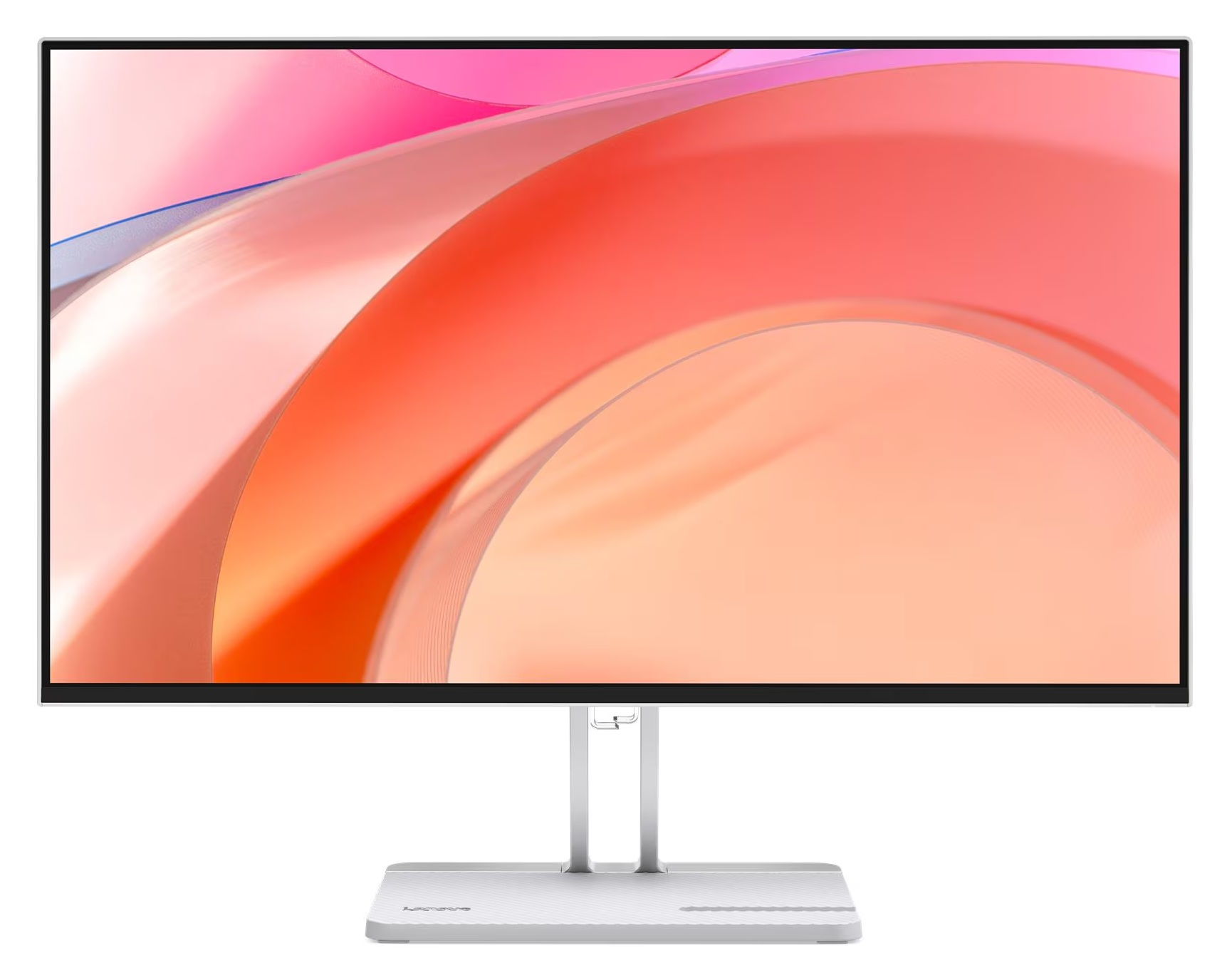 Monitor z abstrakcyjnym, płynnym tłem w odcieniach koralu i różu.