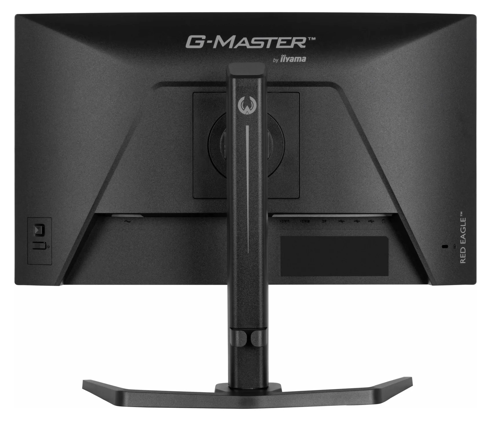 Tył czarnego monitora ze stojakiem i portami.