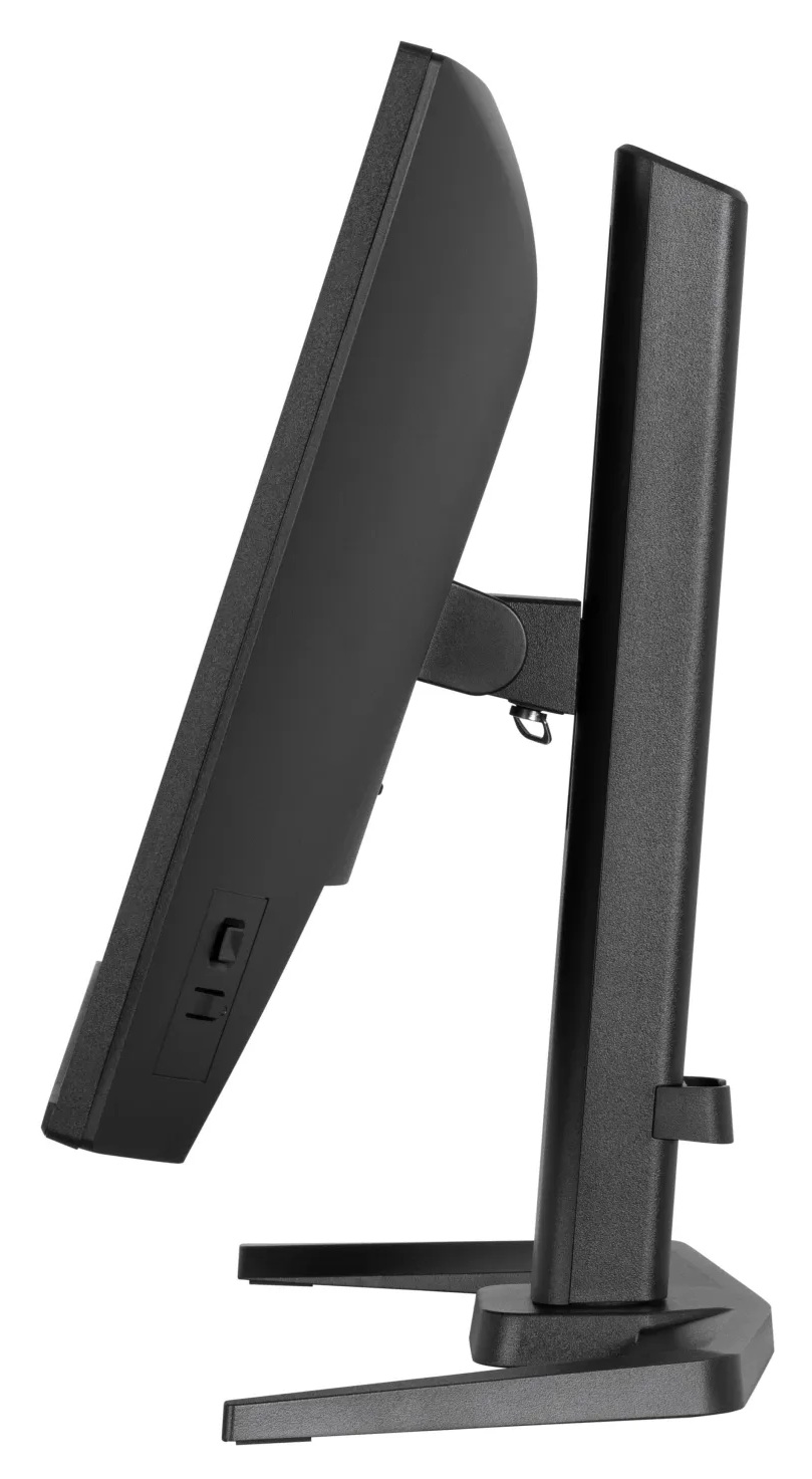 Czarny monitor komputerowy w profilu bocznym na stojaku.