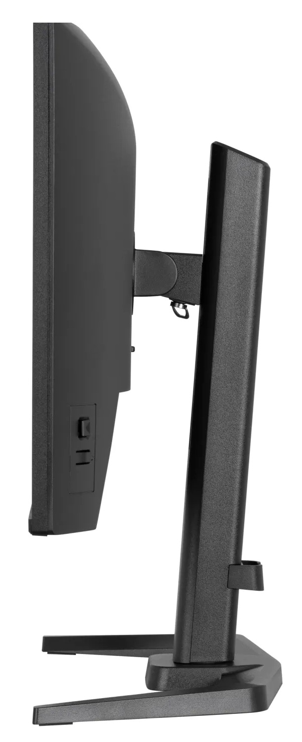 Widok z boku czarnego monitora z regulowanym stojakiem i przełącznikiem zasilania.