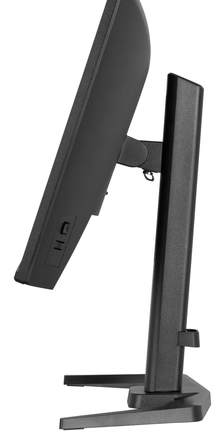 Czarny monitor na stojaku, widok z boku z widocznymi przyciskami.