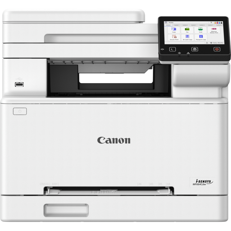 Ein weißer Canon i-SENSYS MF664Cdw Drucker mit Touchscreen und USB-Anschluss.