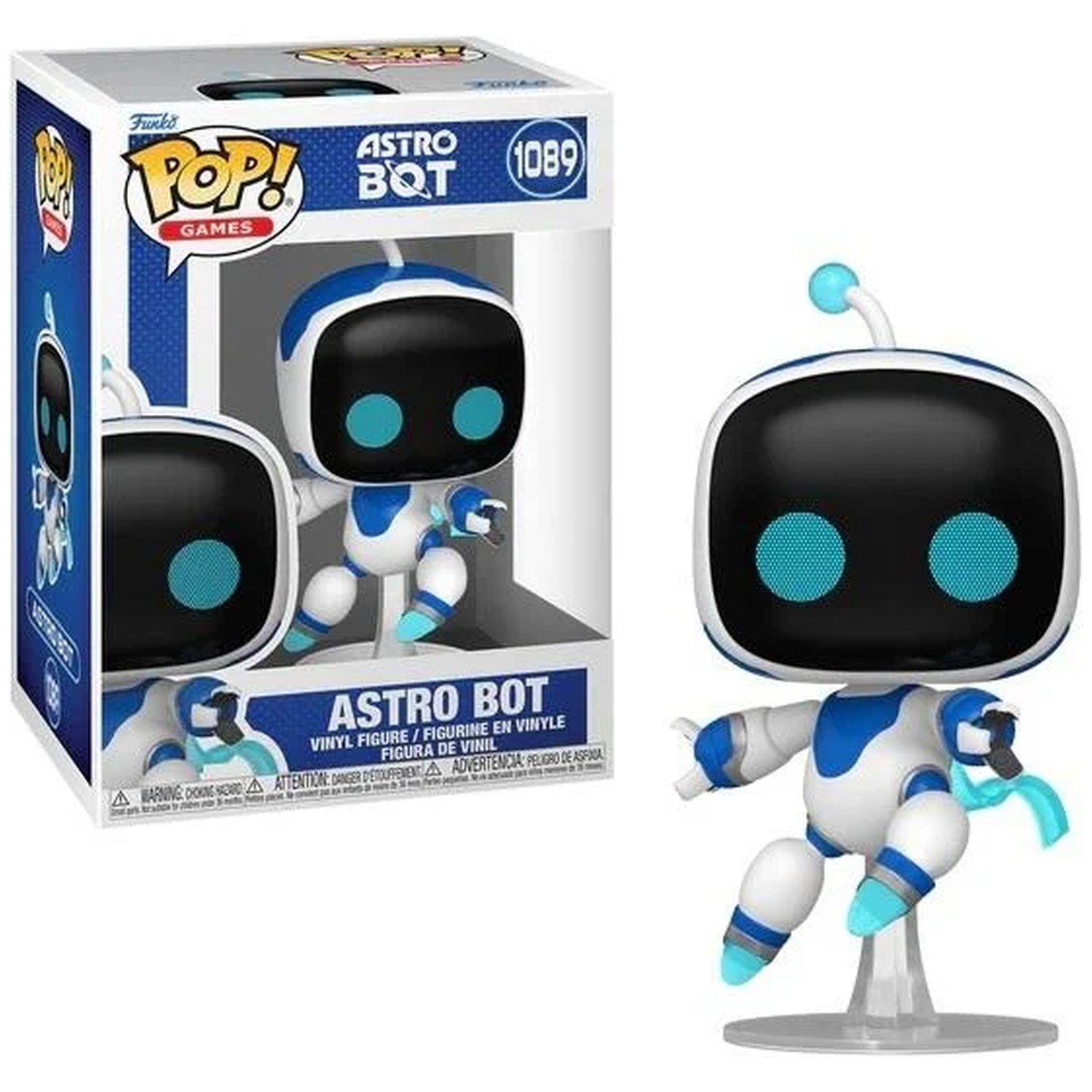 Astro Bot Pop! Vinyl figure in box and free-standing, white and blue.
