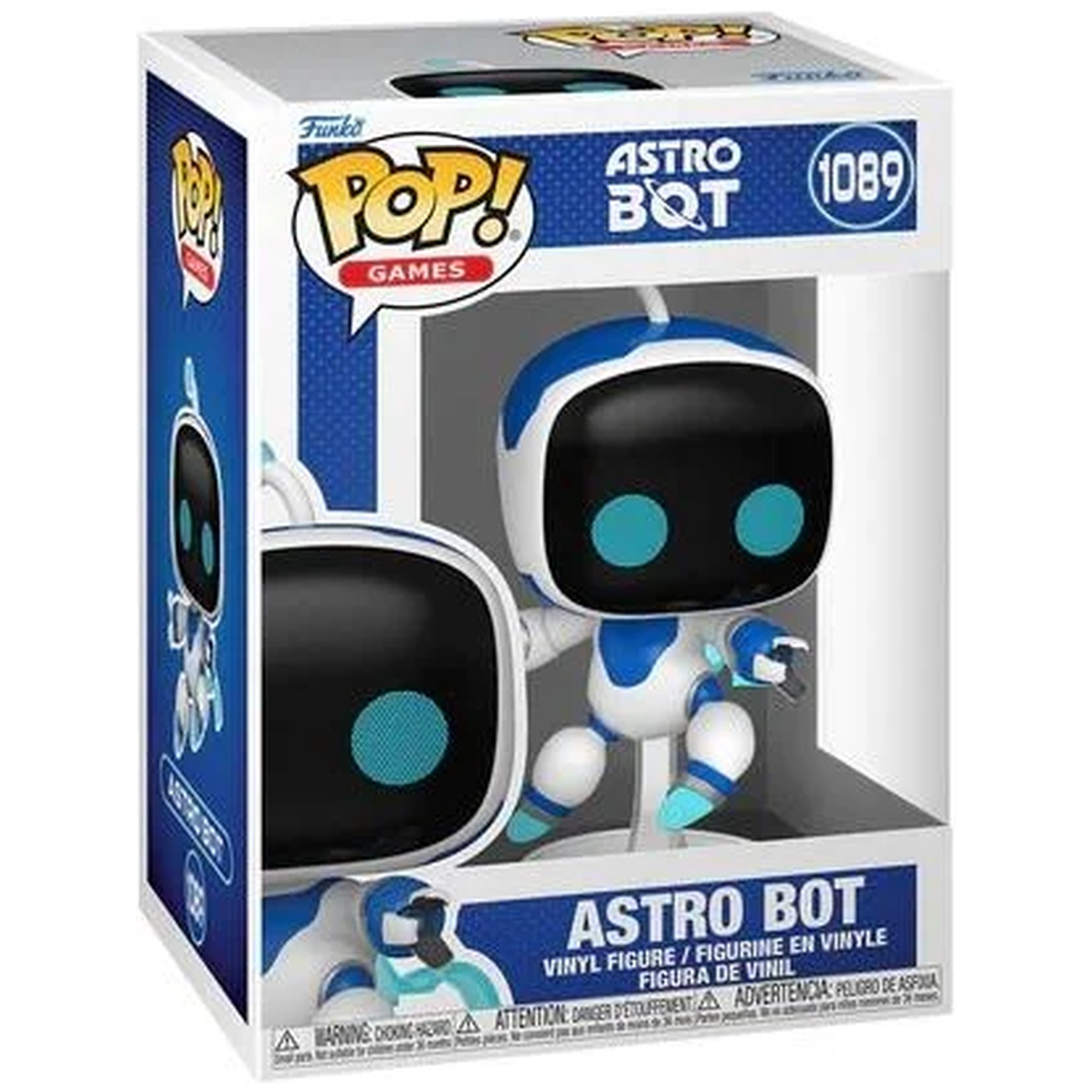 A white and blue Astro Bot Funko Pop vinyl toy in its box.