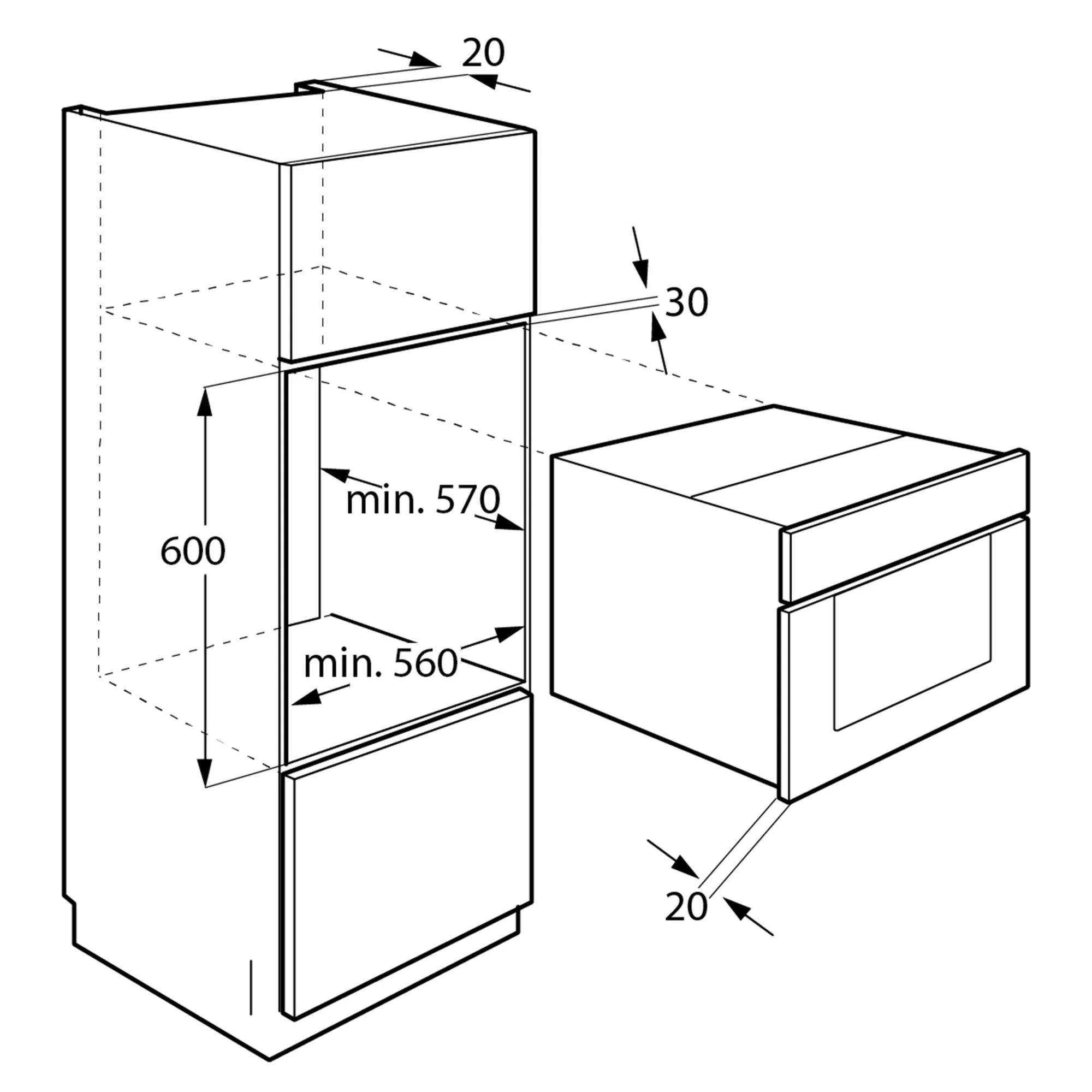 Dibujo técnico de un horno empotrable con dimensiones.