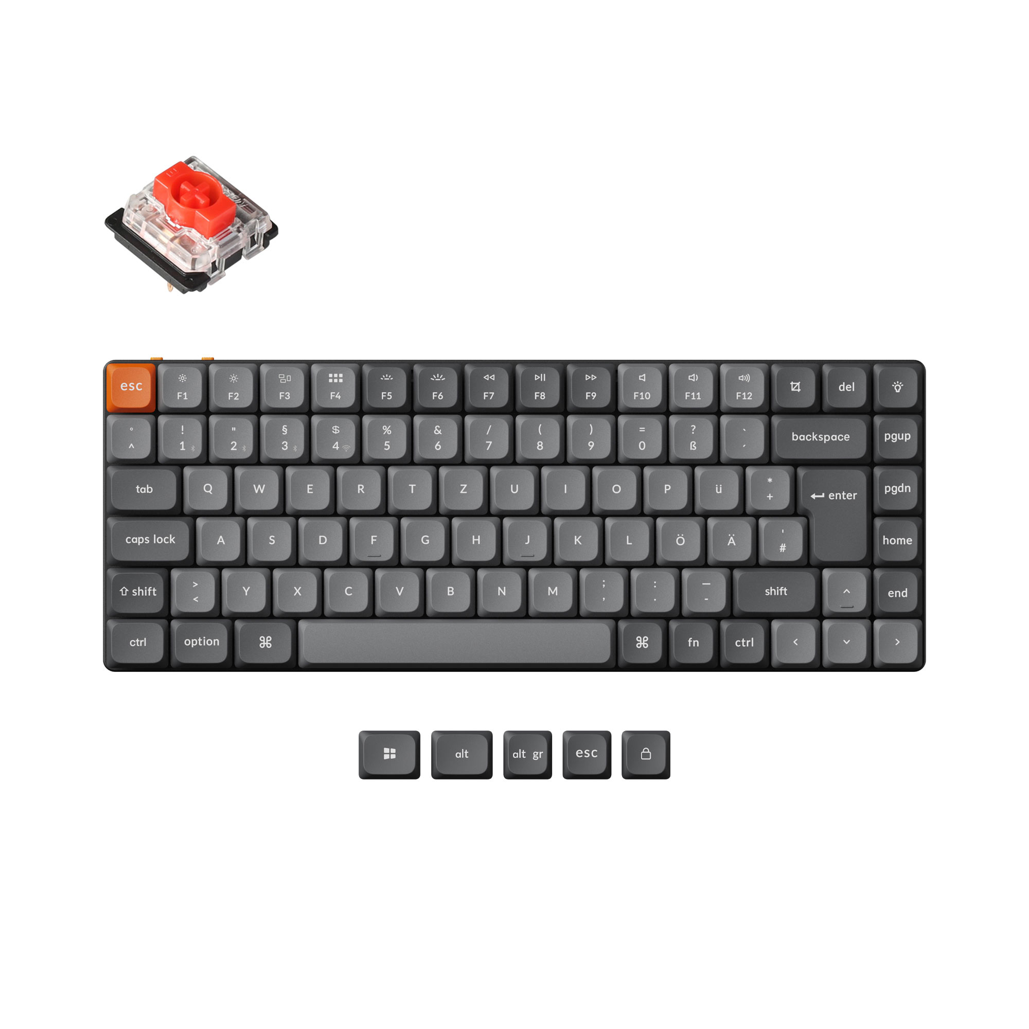 Ein roter Tastenschalter und eine graue Tastatur.