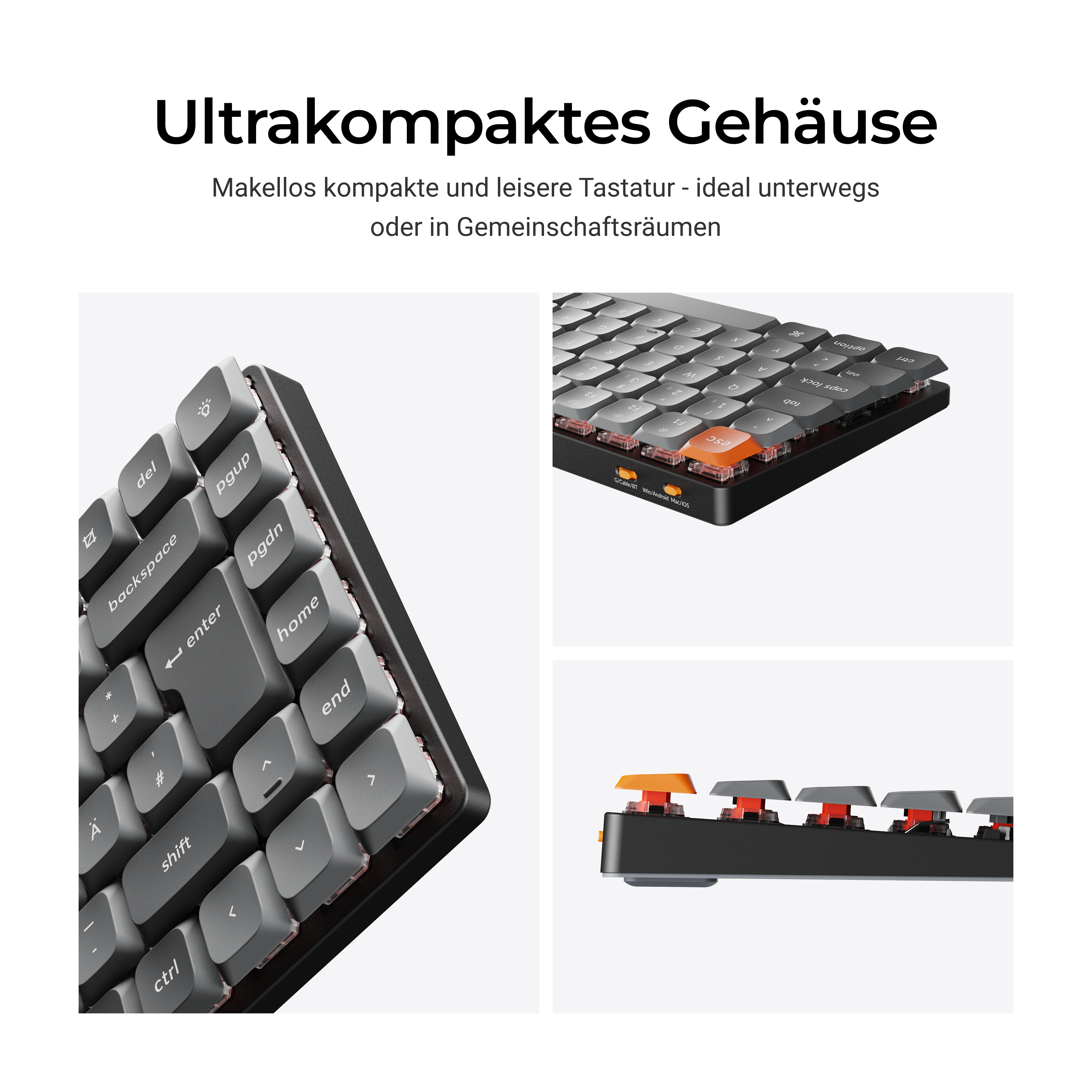Eine ultrakompakte graue Tastatur mit orangefarbenen Tasten und Schaltern.