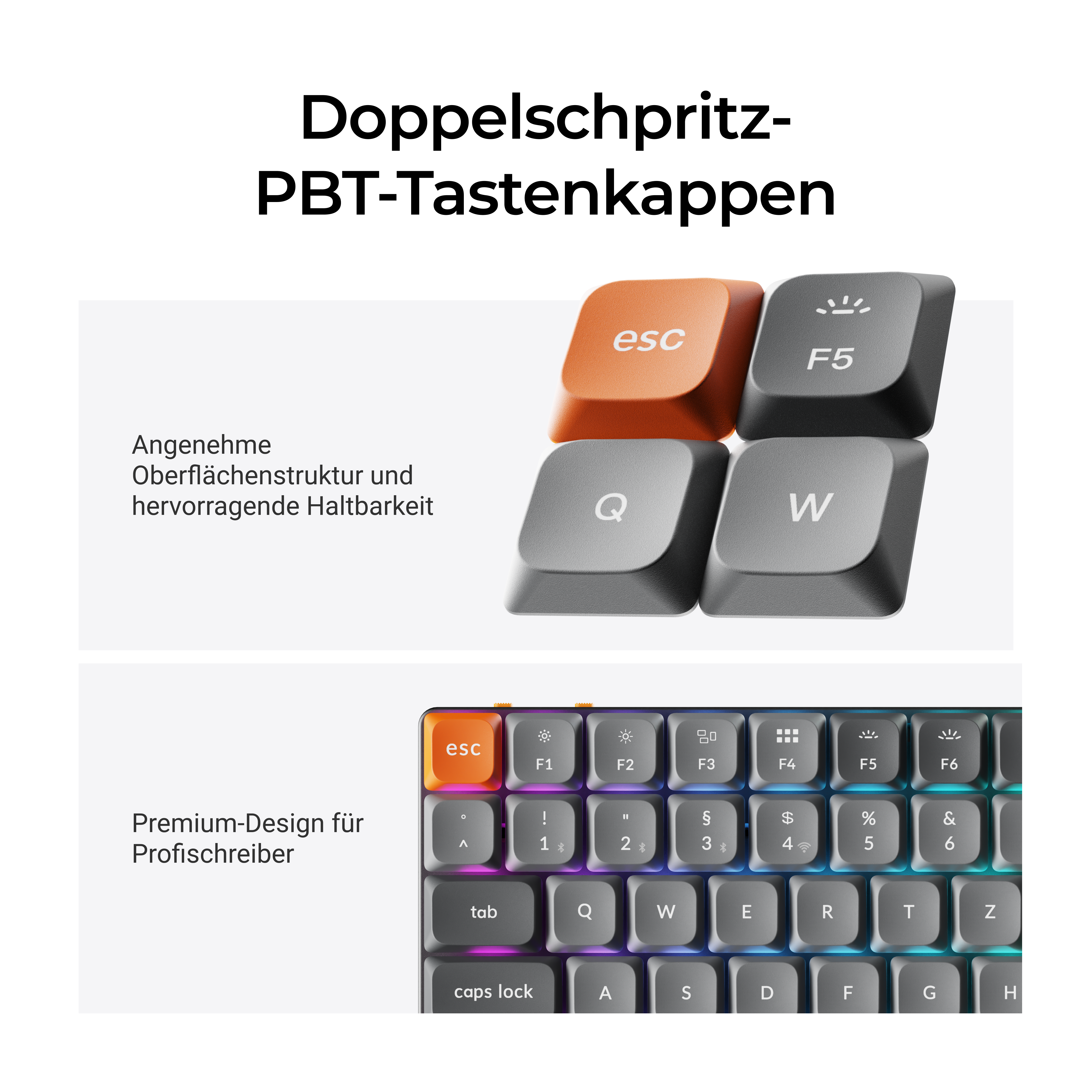 Nahaufnahme von Tastenkappen: Orange ESC, F5, Q, W, und eine Tastatur mit Beleuchtung.