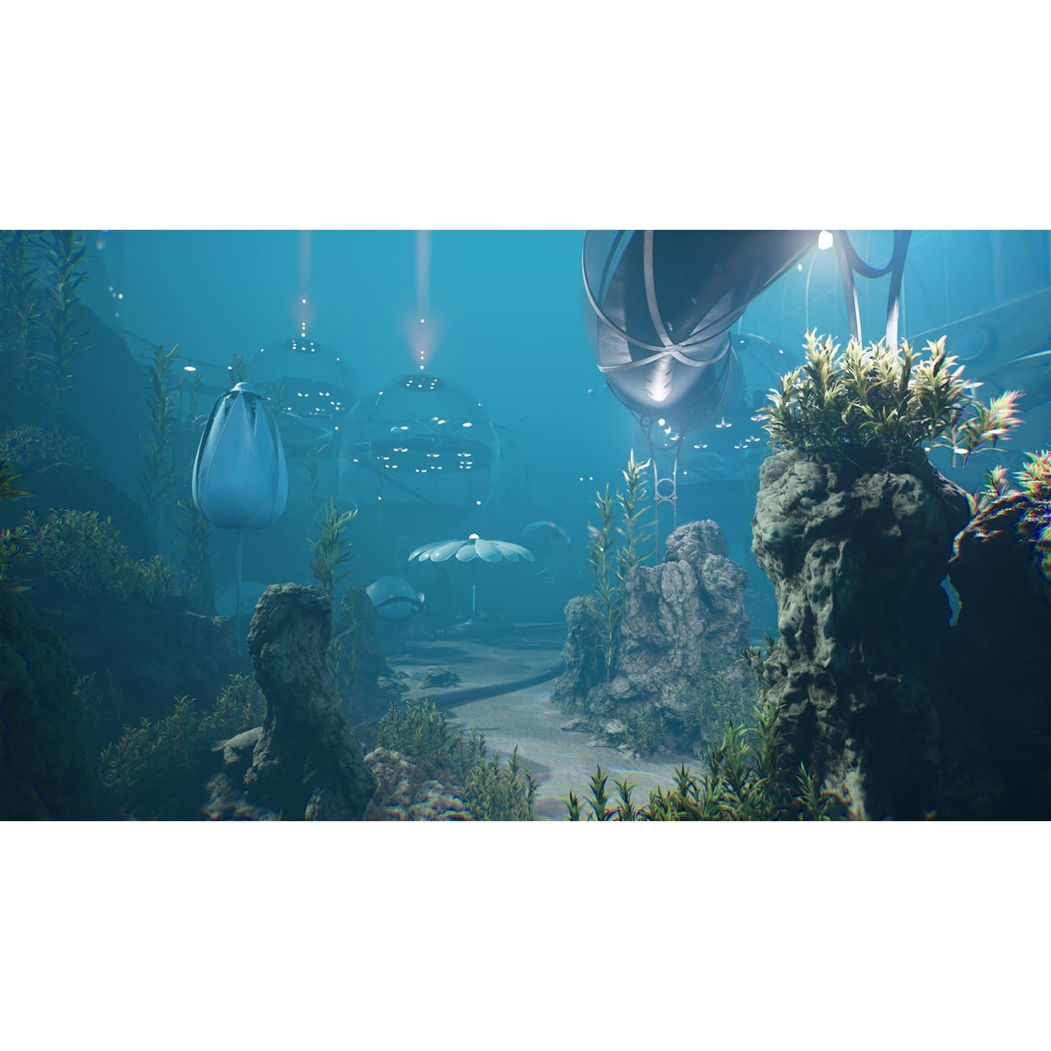 Onderwater sciencefiction-scène met koepels, planten en rotsen.