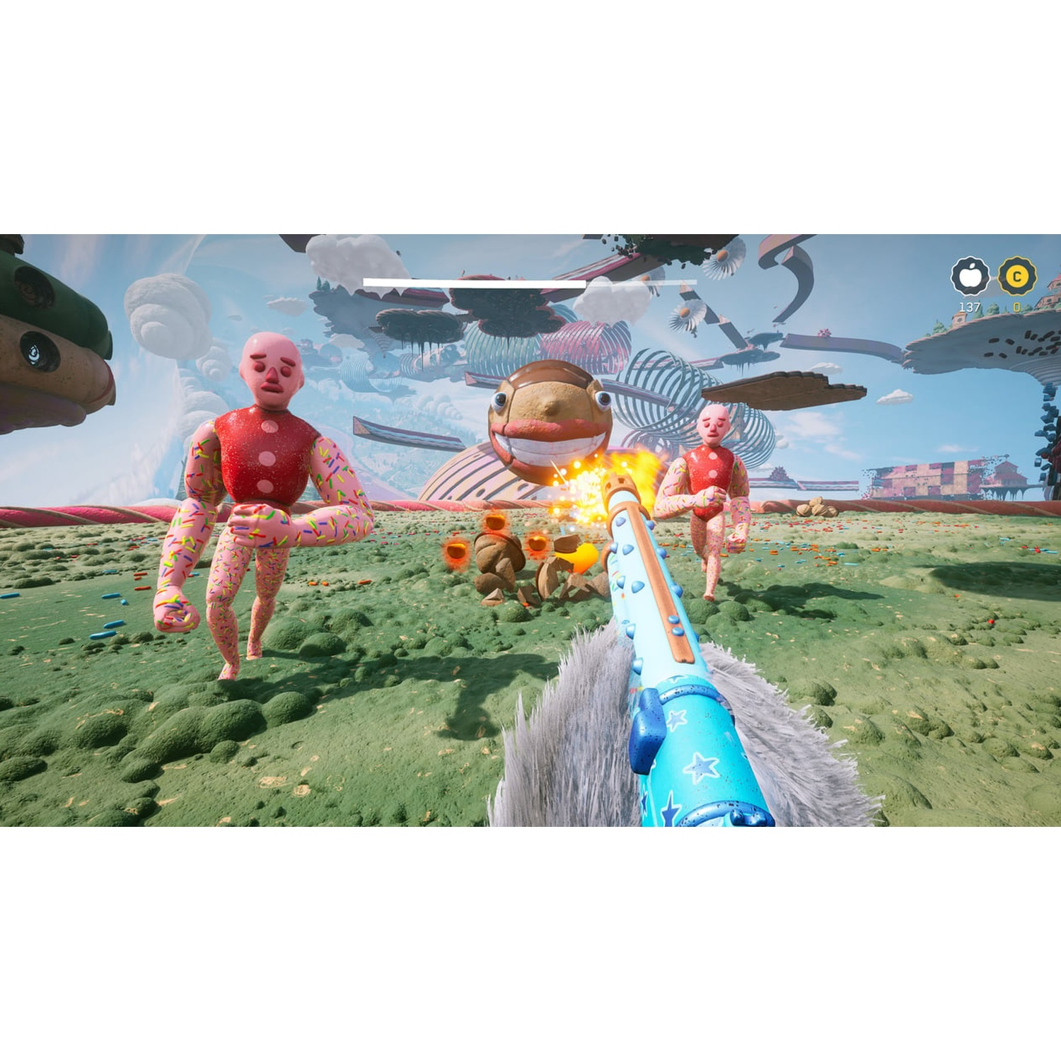 Een spel met kleurrijke poppen en een geweer in een surrealistische wereld.
