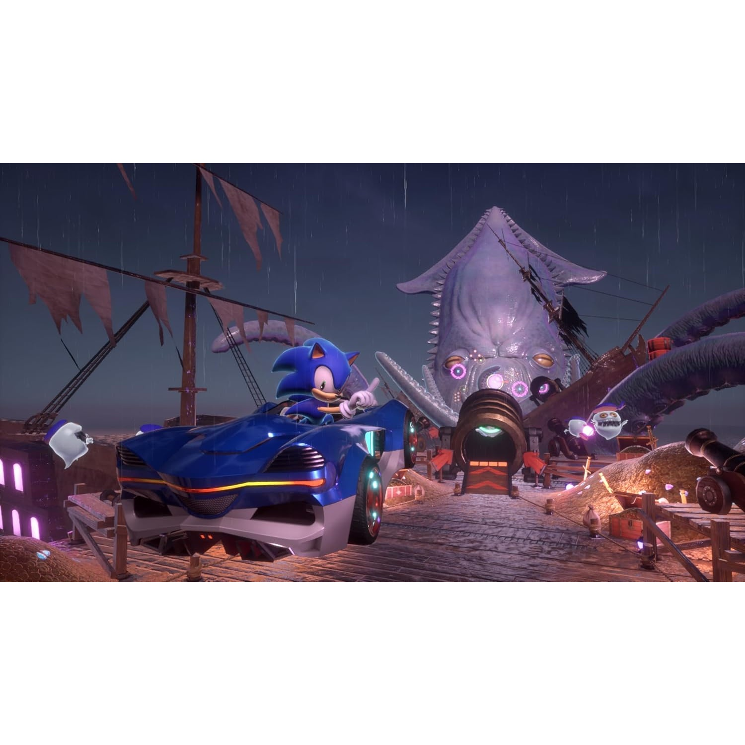 Sonic racet in een blauwe auto op een pier met een groot paars inktvismonster.