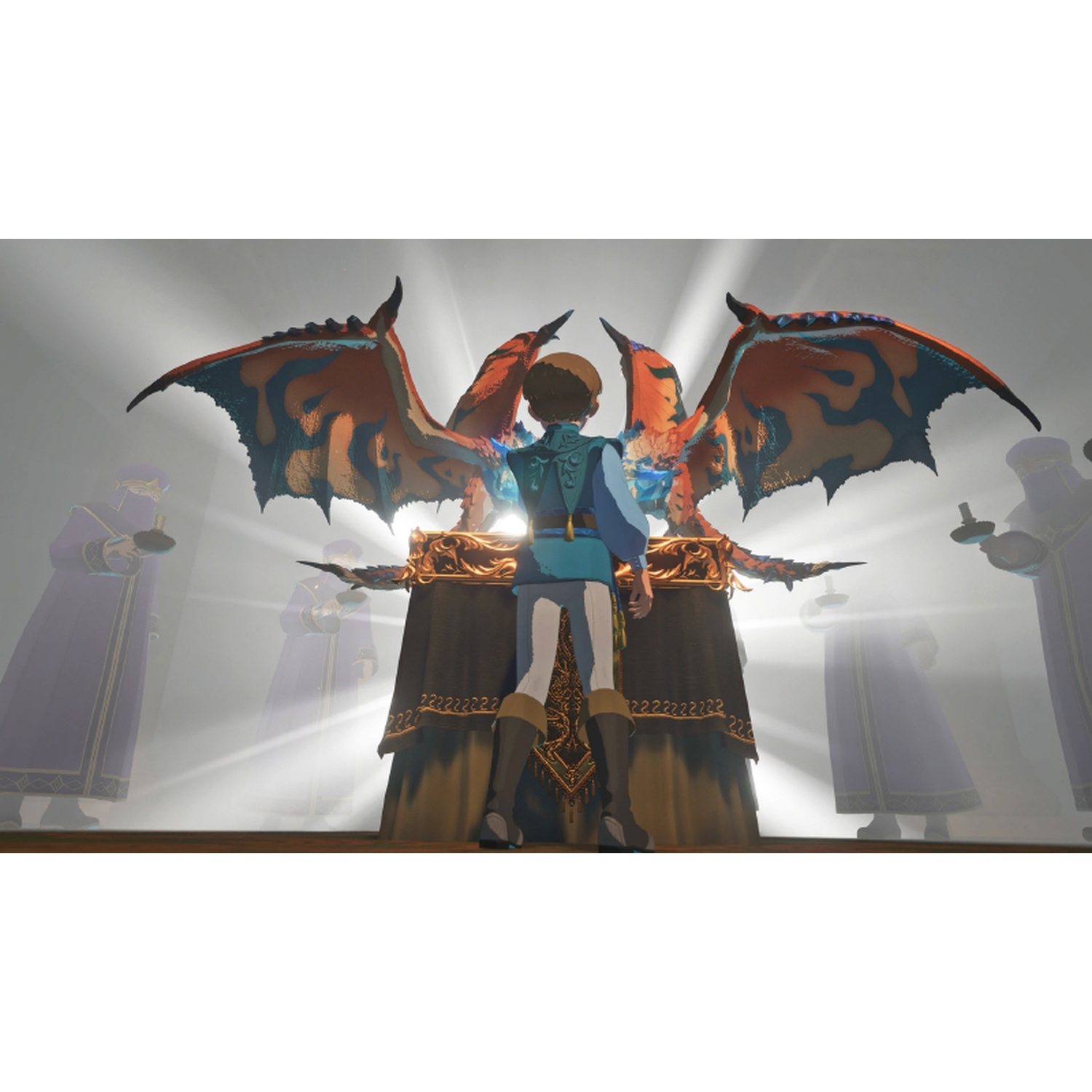 Jongere voor altaar met gevleugelde draak. Figuren in paarse gewaden kijken toe. Lichtstralen.