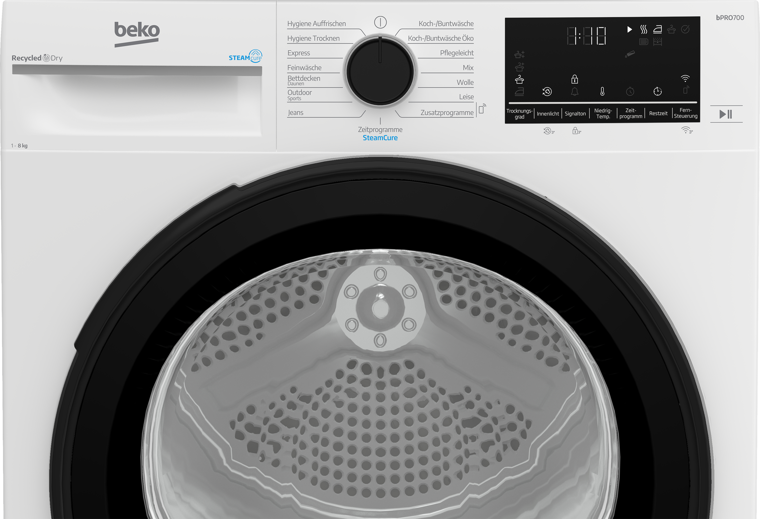 Beko Trockner mit digitalem Display, Programmwahlrad und runder Trommel.