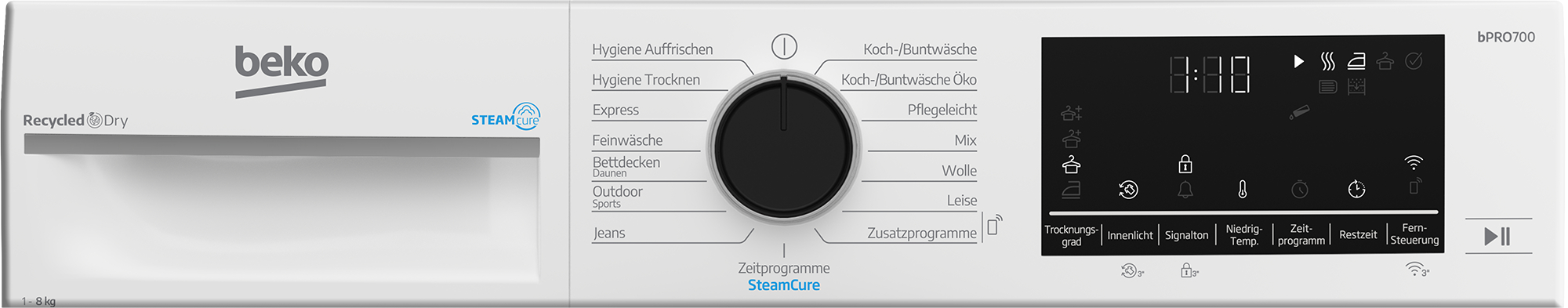 Bedienfeld einer weißen Beko Waschmaschine mit Programmauswahl und Digitalanzeige.