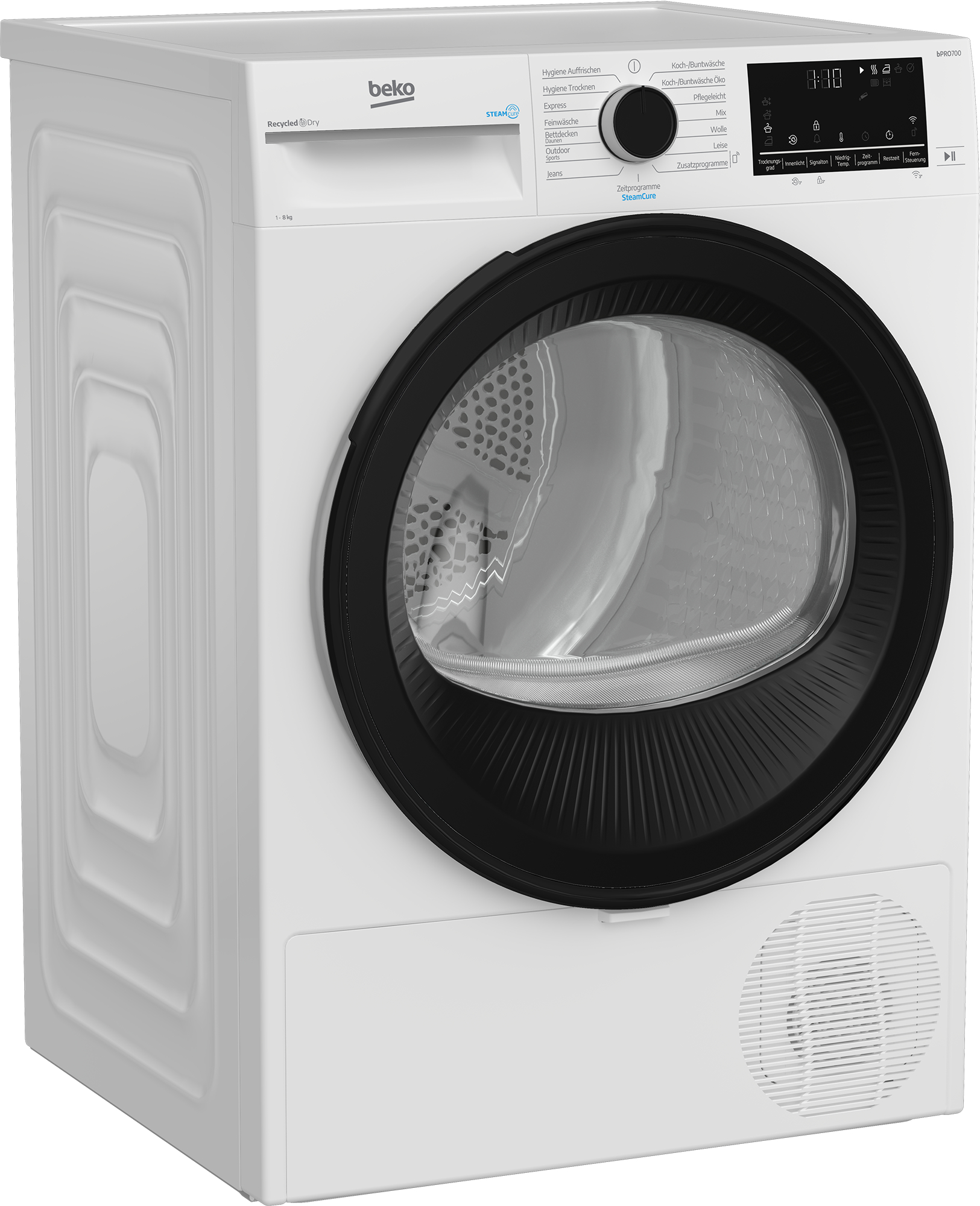 Weiße Beko Wäschetrockner mit schwarzem Bullauge und Bedienfeld.