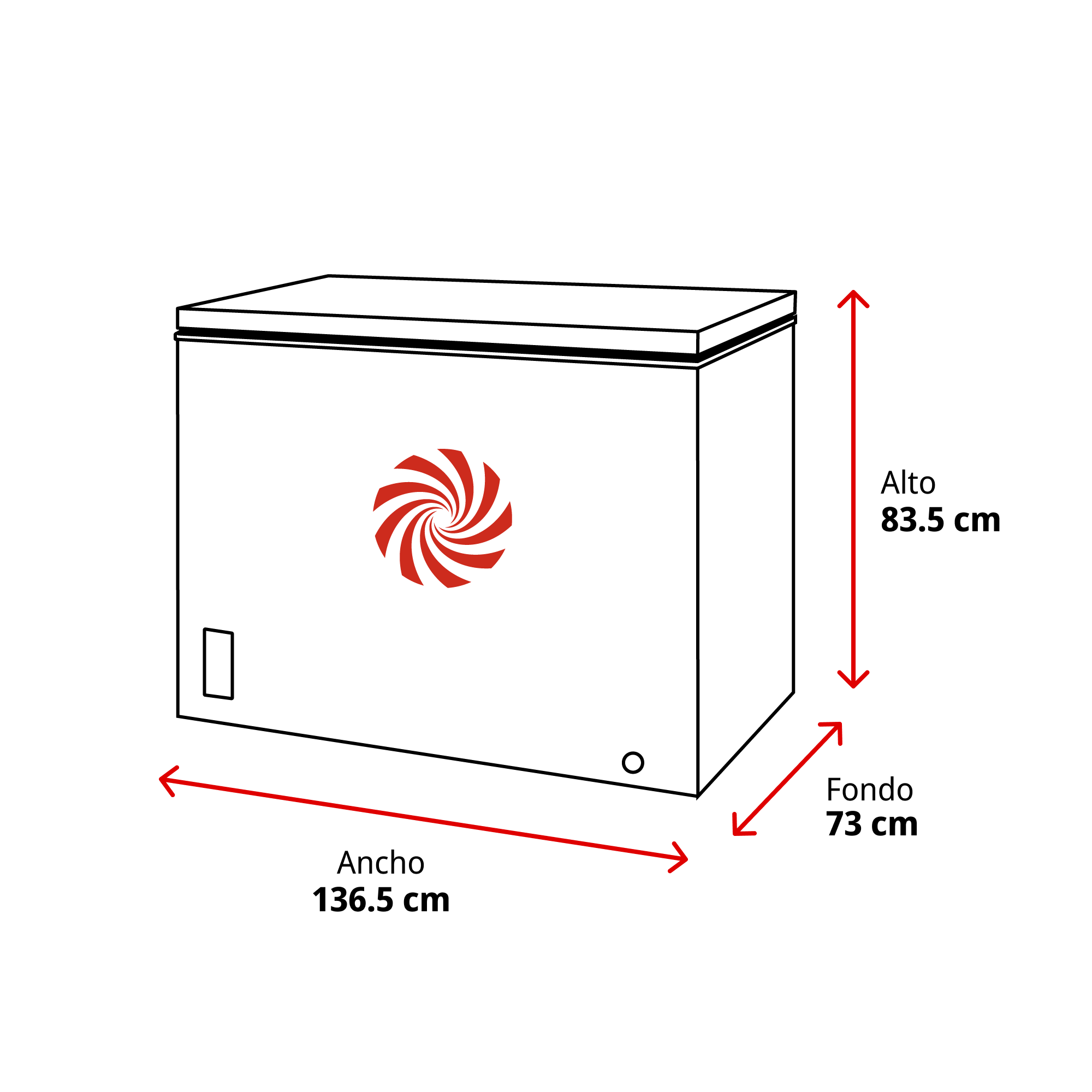 Un congelador horizontal con dimensiones: ancho 136,5 cm, alto 83,5 cm, fondo 73 cm.