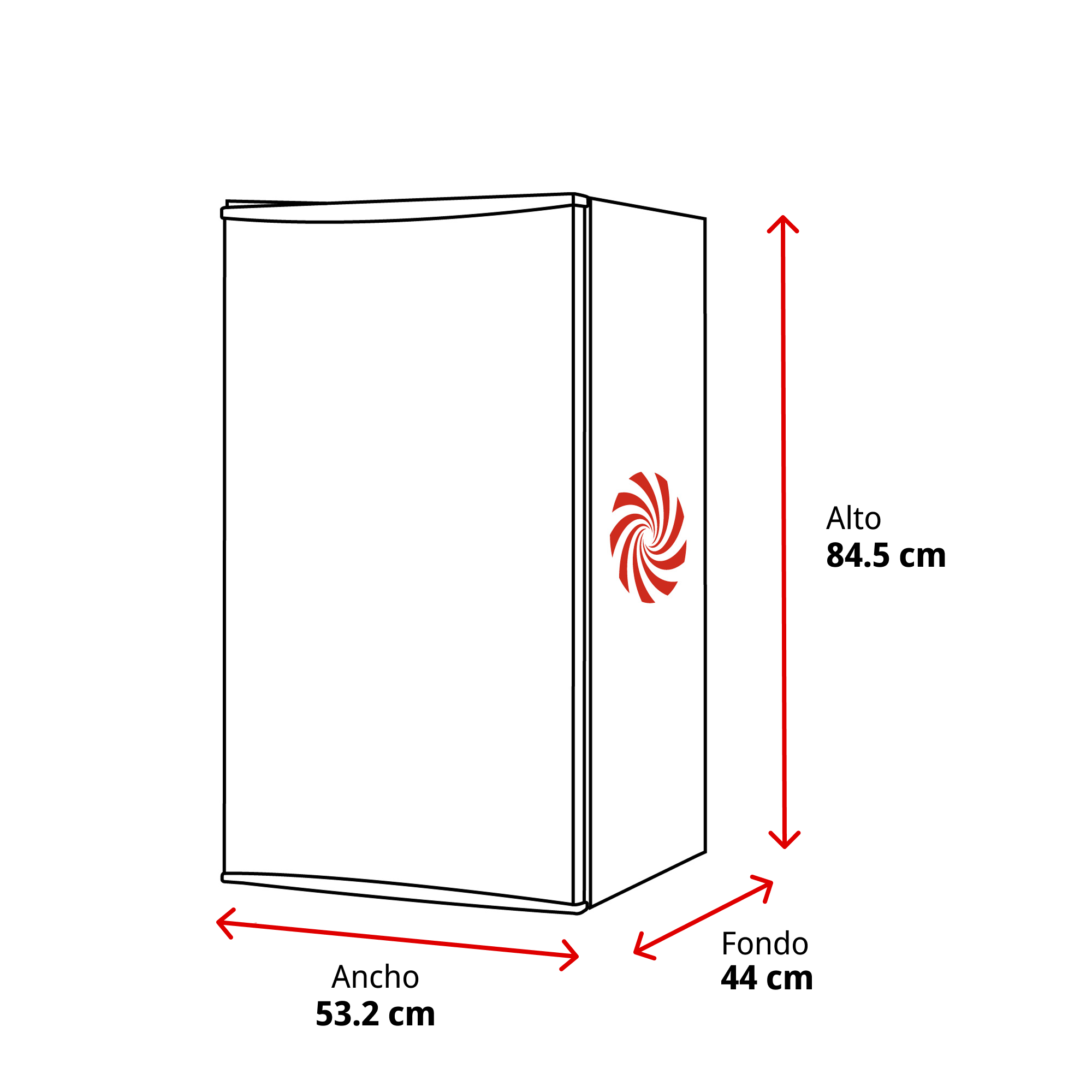 Un refrigerador con dimensiones: alto 84,5 cm, ancho 53,2 cm, fondo 44 cm.