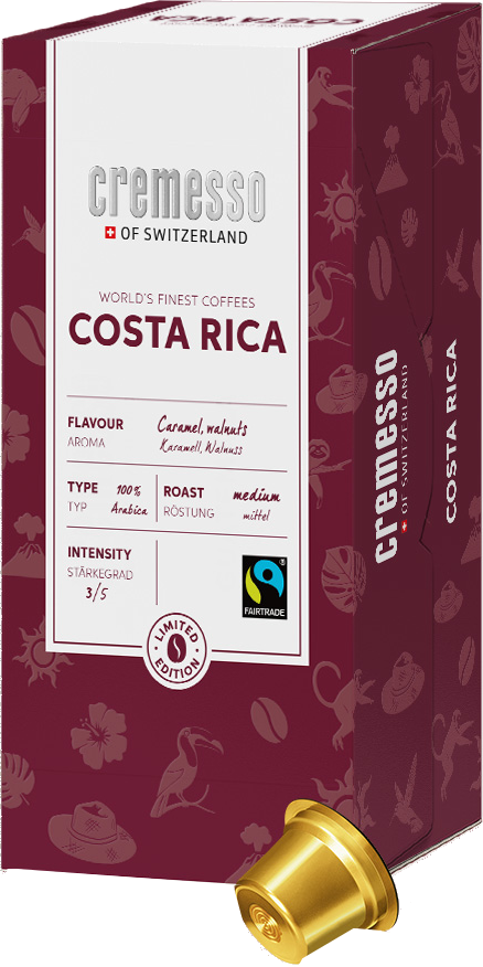 Cremesso Costa Rica Kaffee-Kapsel-Verpackung mit Fairtrade-Siegel und goldener Kapsel.