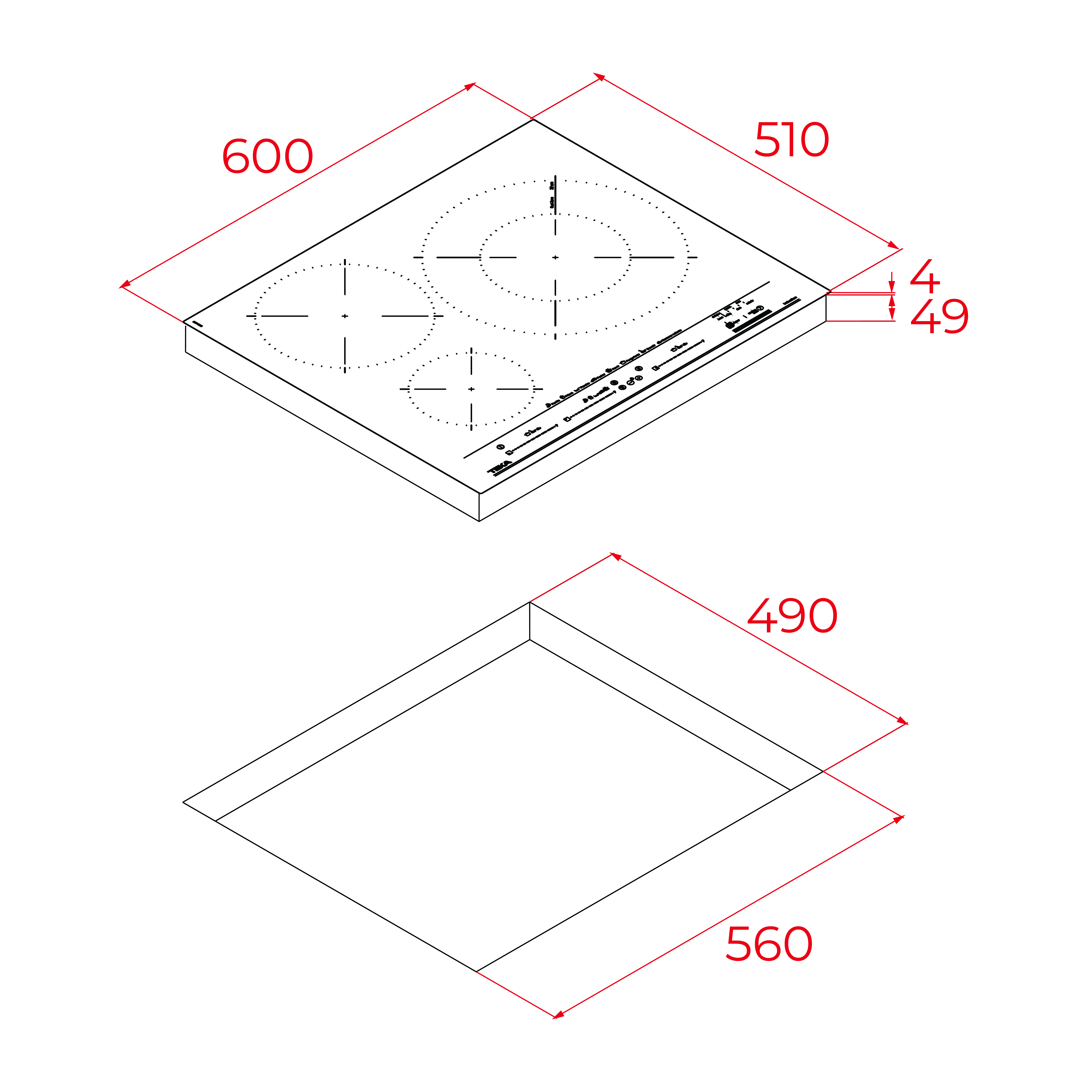 Dibujo técnico de una placa de cocina de 600x510mm con cajón.
