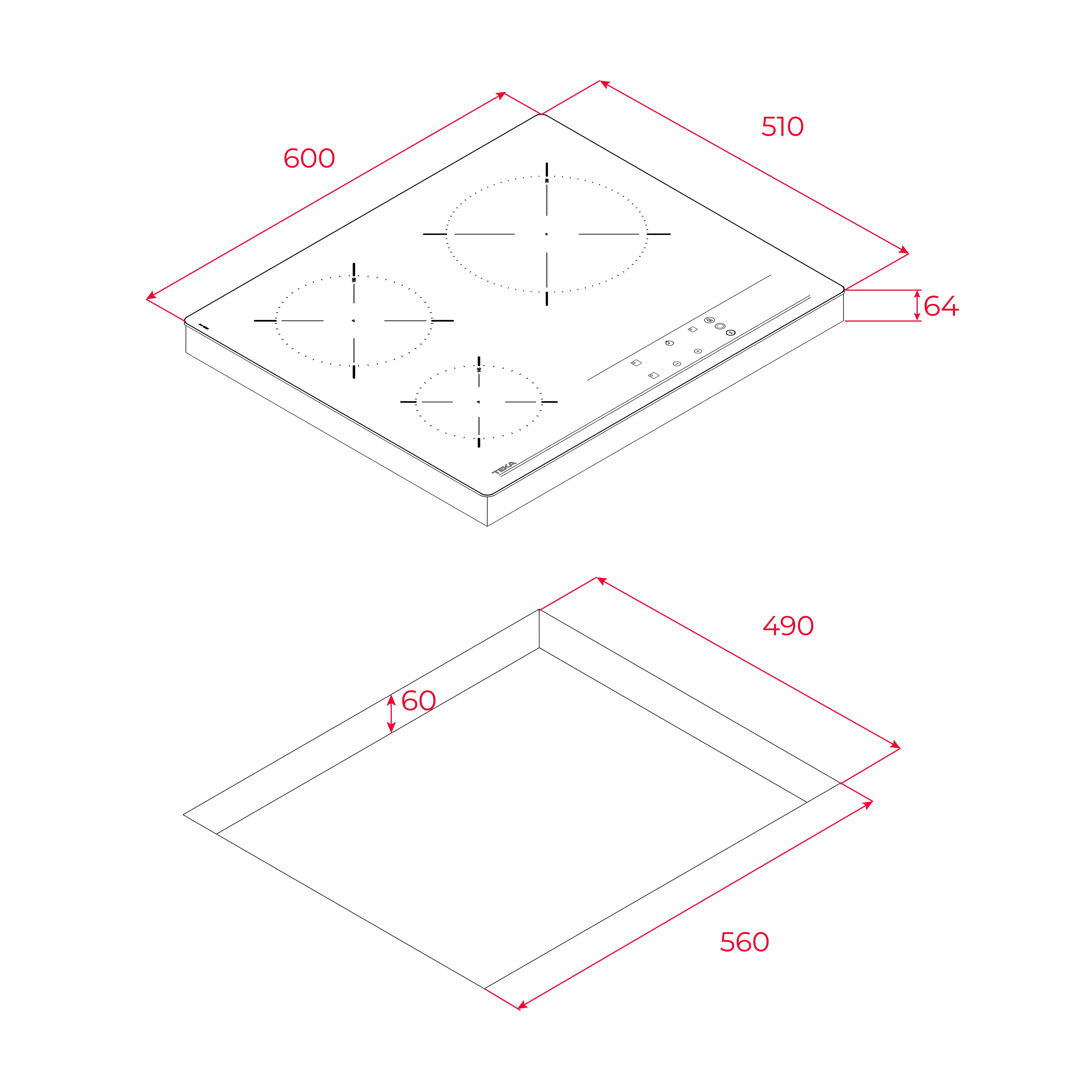 Dibujo técnico de una placa de cocina con dimensiones.