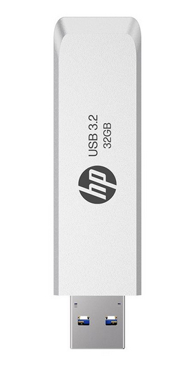 Silberner USB 3.2 32GB HP Stick mit sichtbarem Stecker.