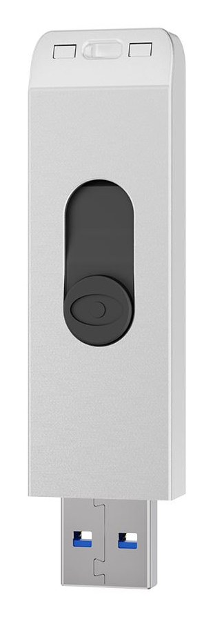 Silberner USB-Stick mit ausziehbarem schwarzen Schieberegler und USB-A-Anschluss.