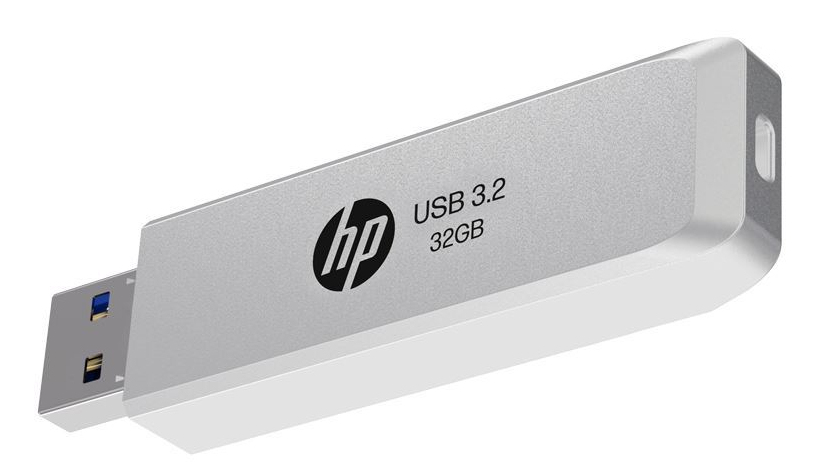 Silberner HP USB 3.2 32GB Stick mit schwarzem Logo.