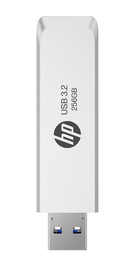 Silberner HP USB 3.2 256GB Stick mit Logo, auf weißem Hintergrund.