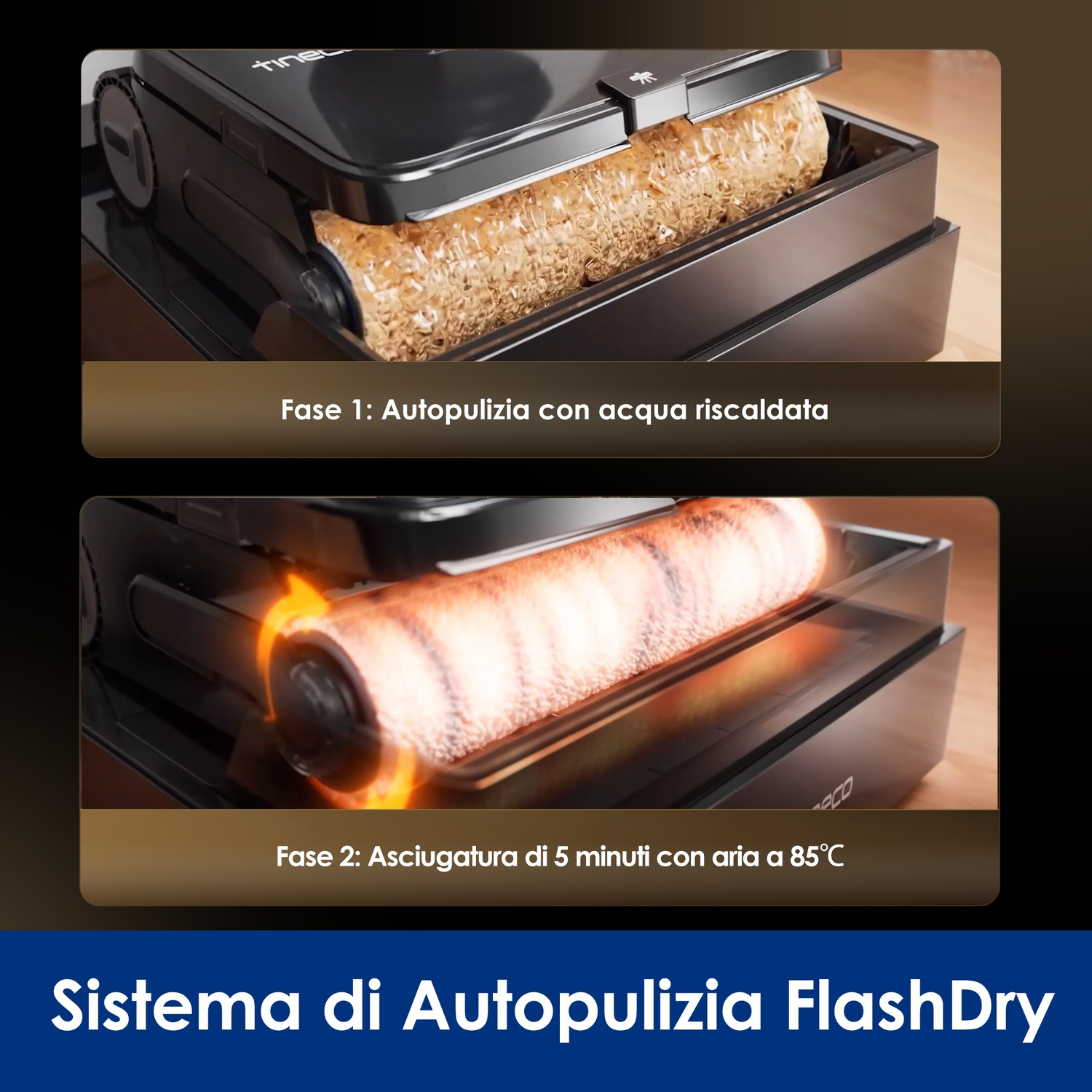 Dispositivo autopulente con rulli puliti ad acqua e aria calda.