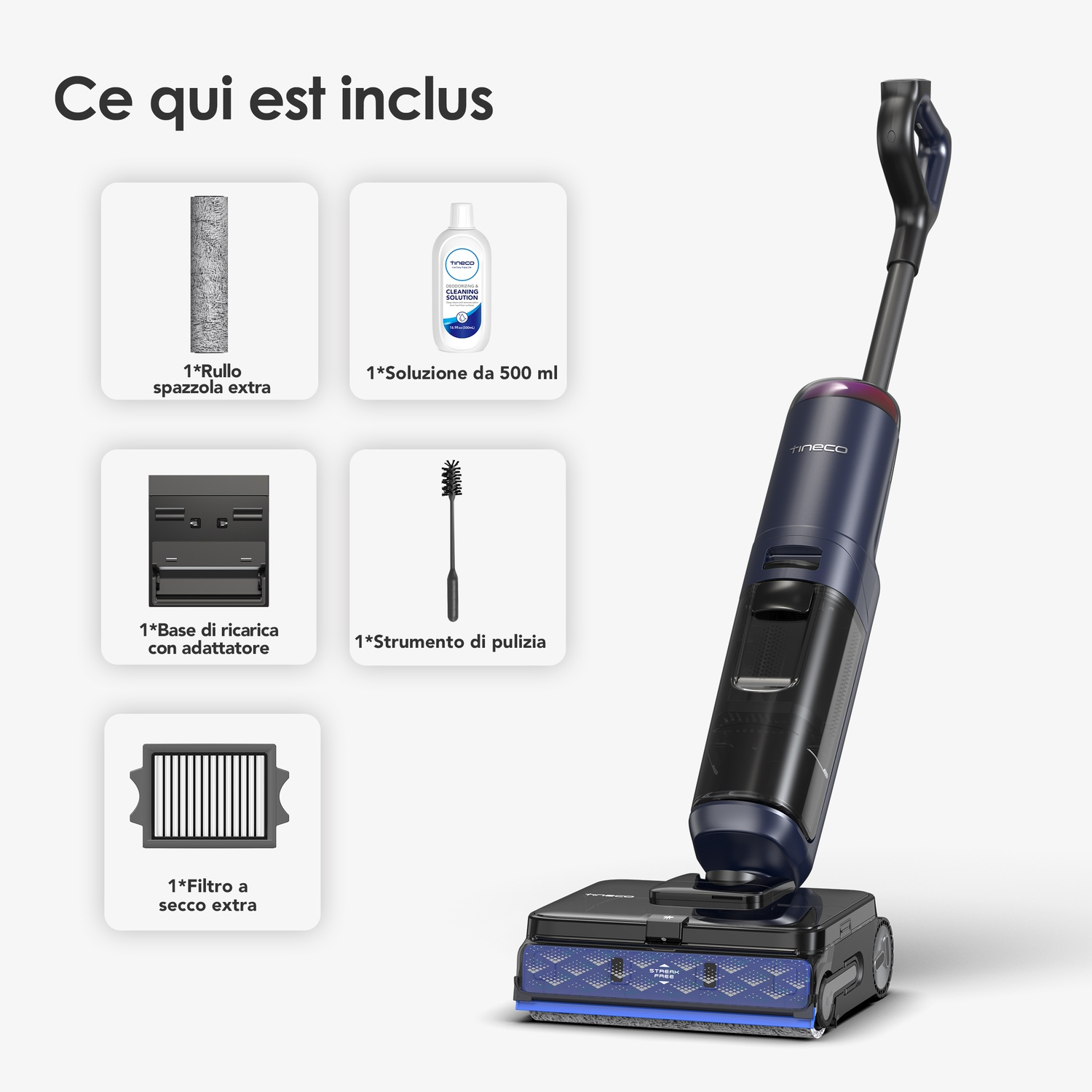 Un pulitore per pavimenti senza fili con accessori: rullo, soluzione, base di ricarica, spazzola e filtro.