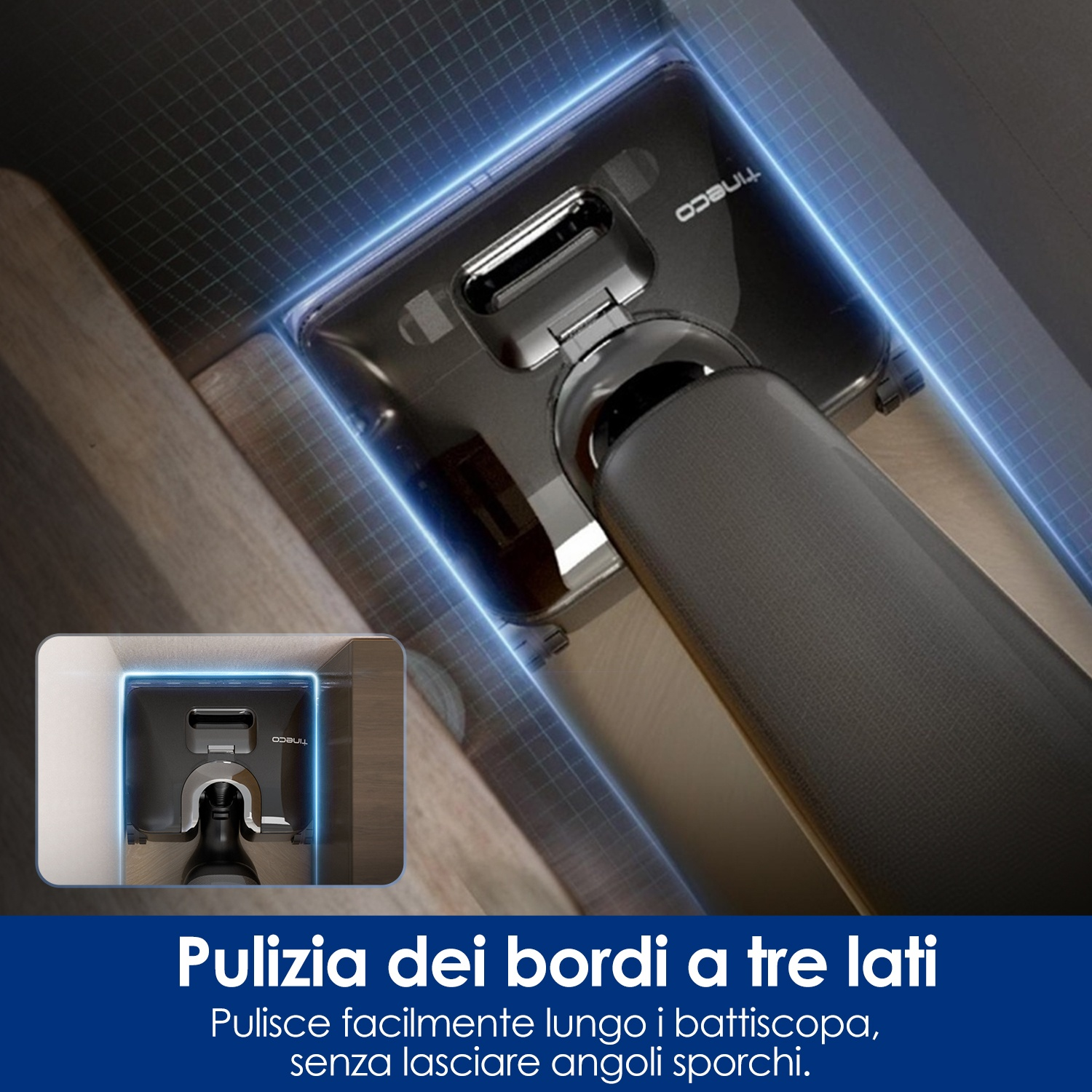 Spazzola aspirapolvere pulisce bordi e angoli, con contorno blu.