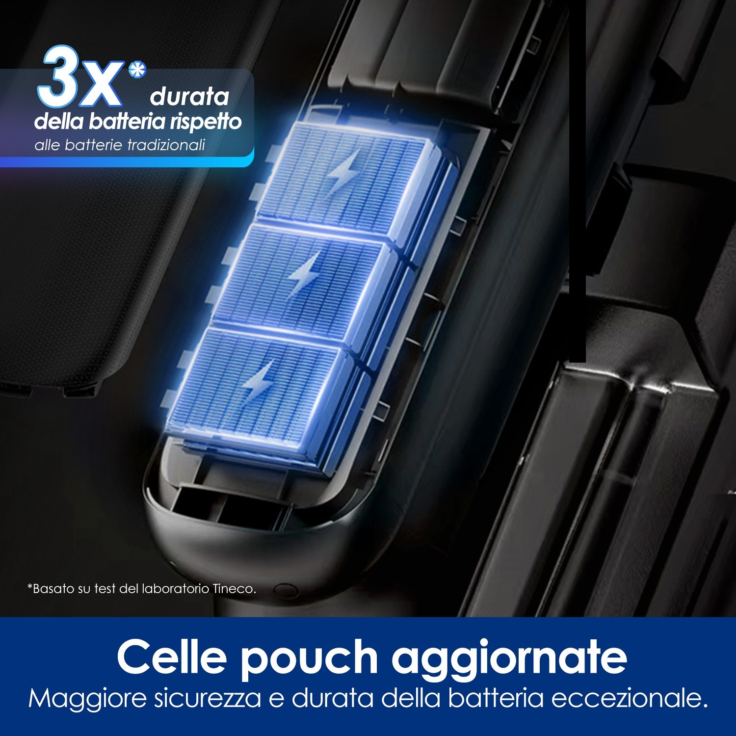 Tre celle batteria blu con fulmini all'interno di un involucro nero.