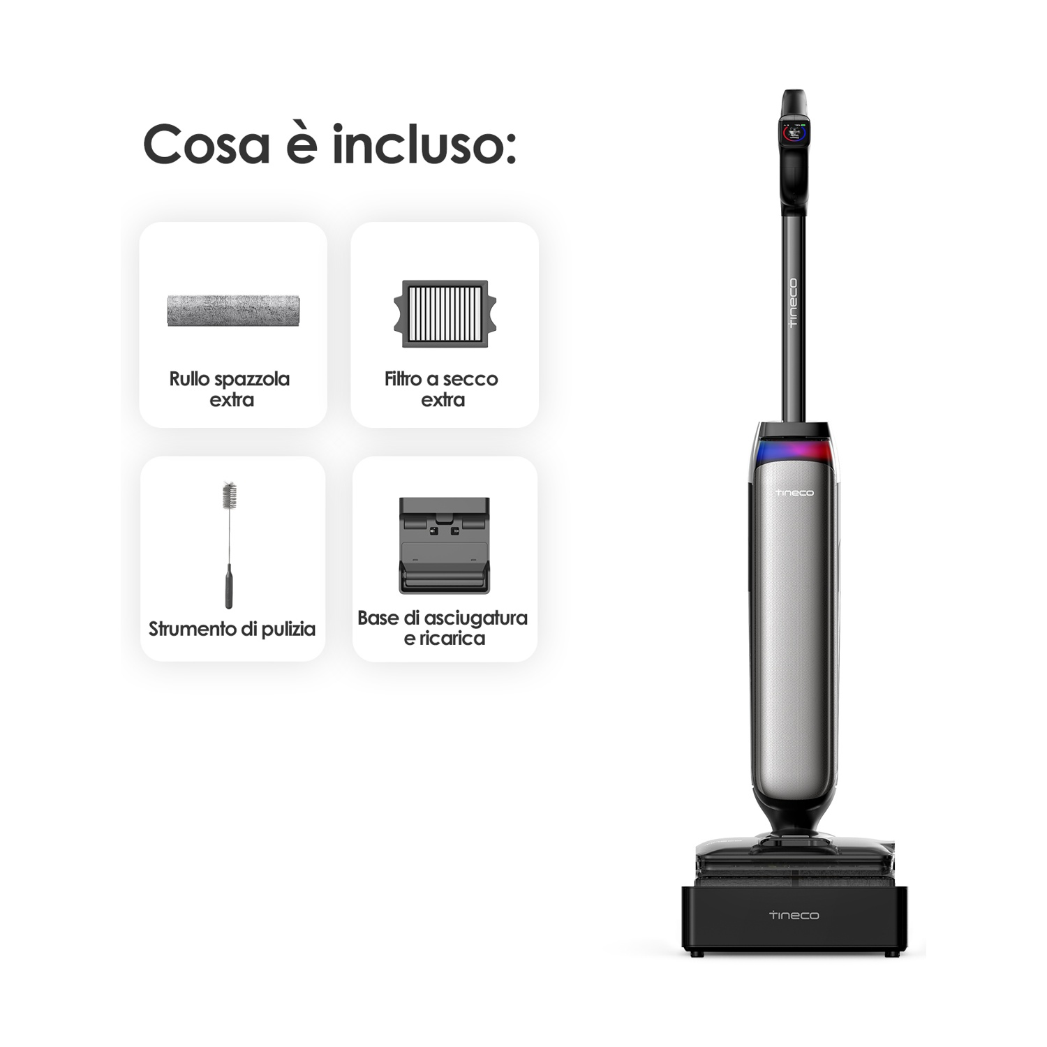 Pulitore Tineco con accessori: rullo spazzola, filtro secco, strumento pulizia, base ricarica.