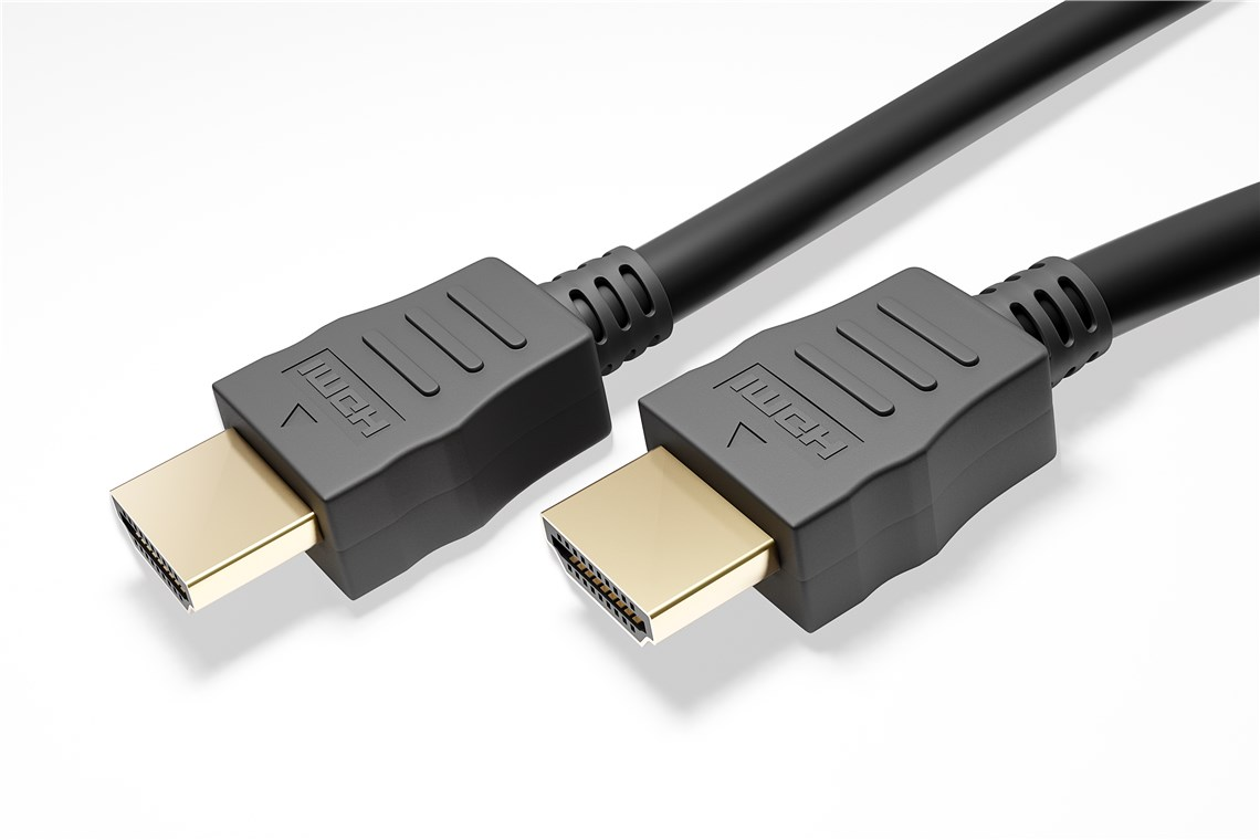 Zwei schwarze HDMI-Kabel mit goldenen Steckern auf weißem Hintergrund.