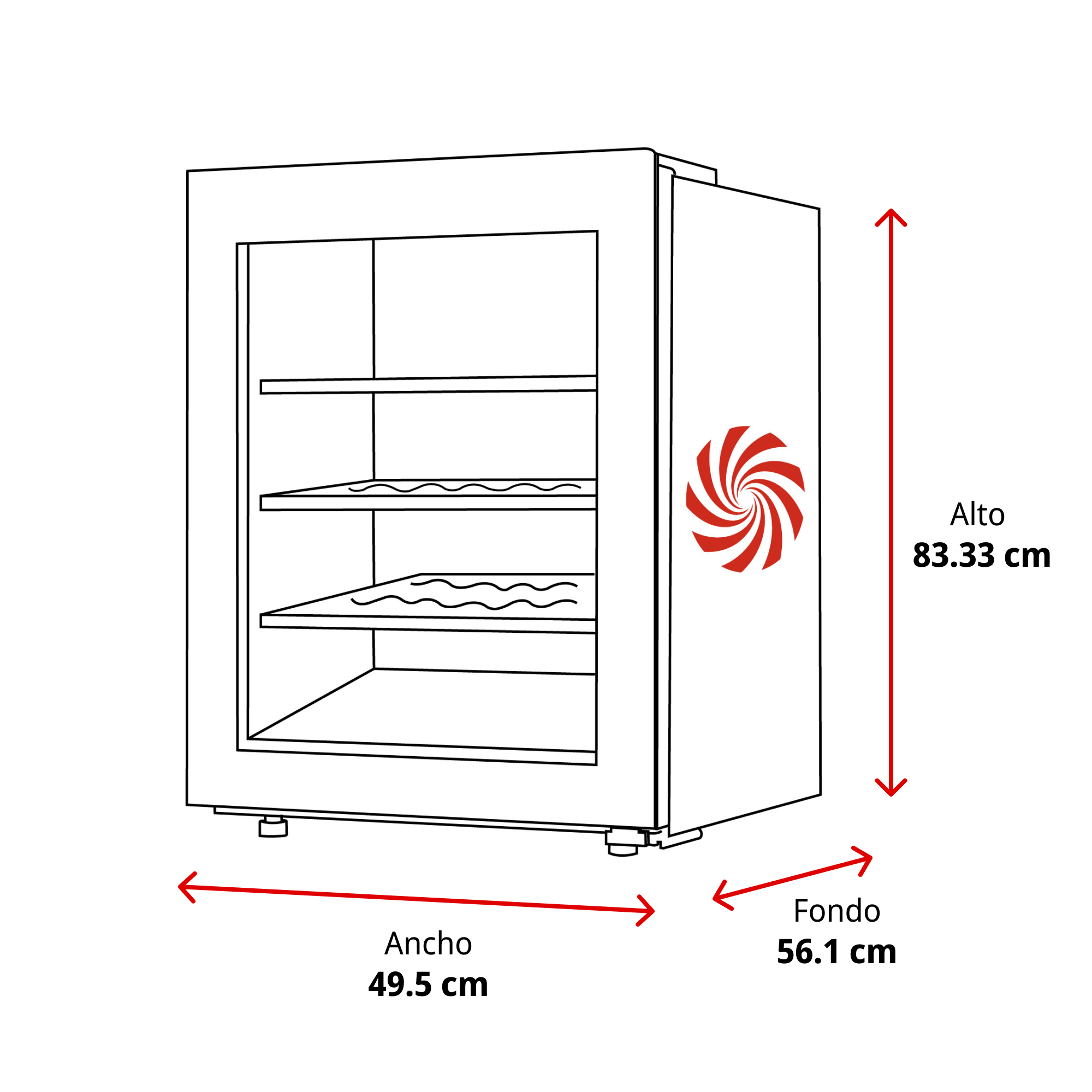 Una nevera con puerta de cristal, tres estantes y un logo de remolino rojo.