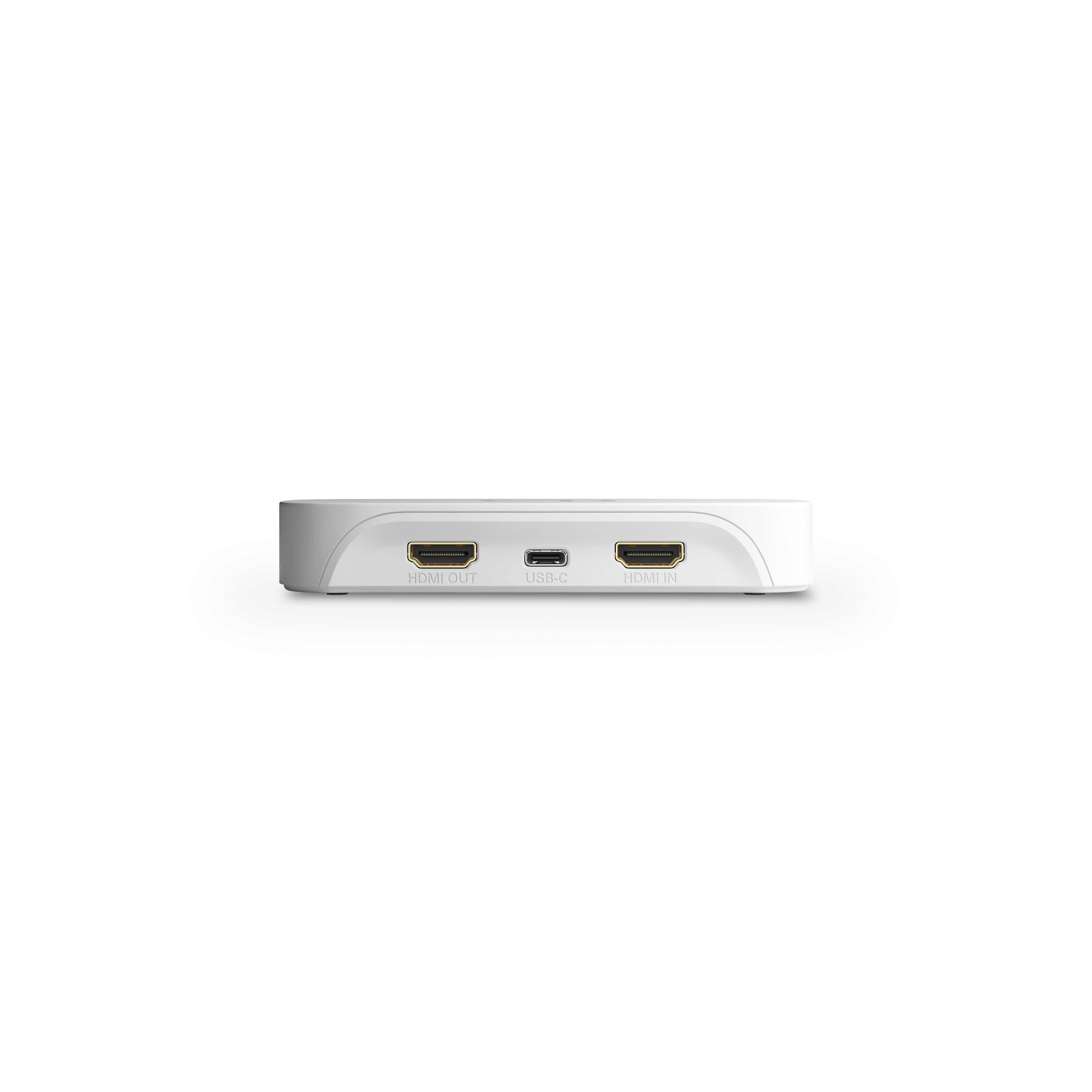 Ein weißes Gerät mit HDMI-OUT, USB-C und HDMI-IN Anschlüssen.