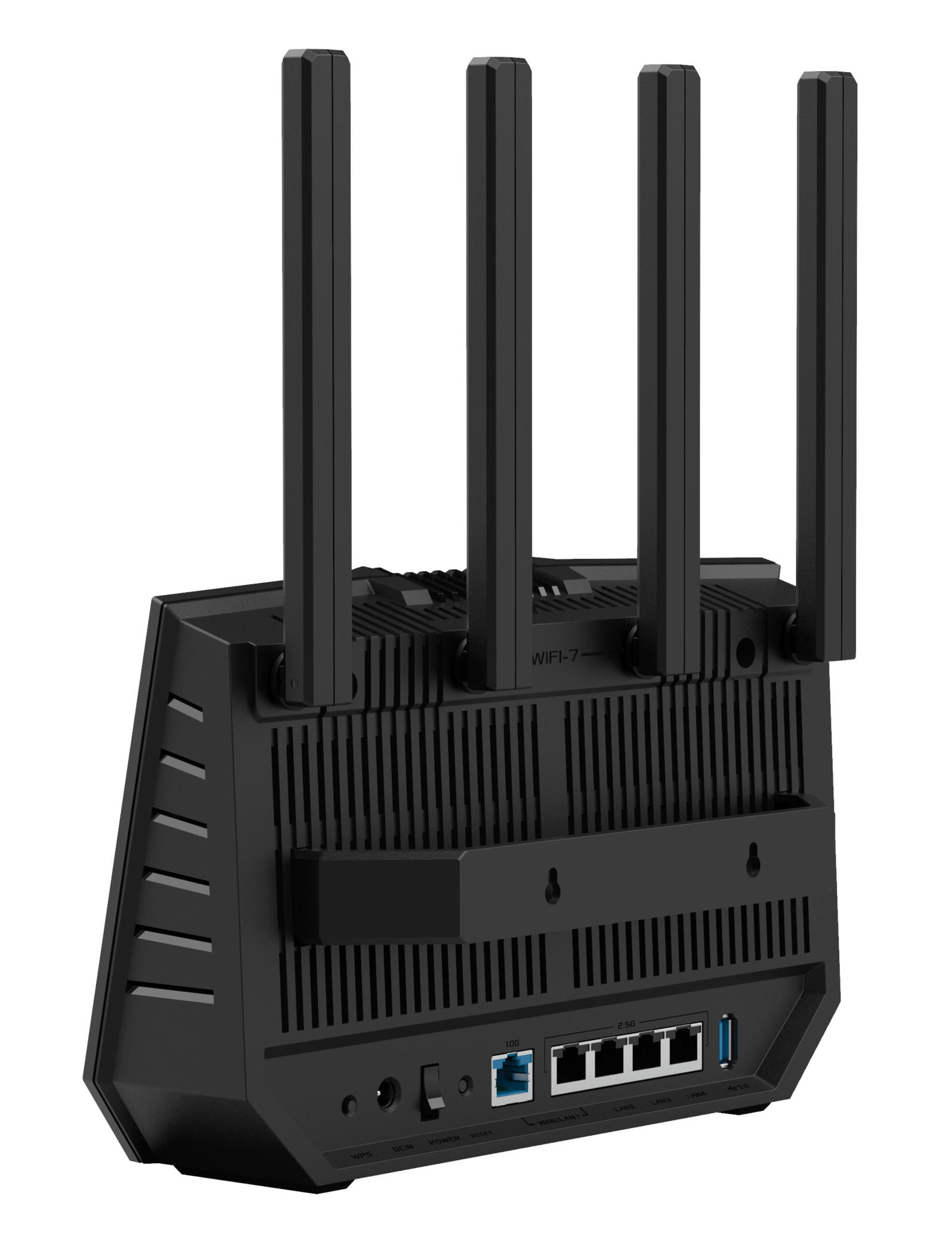 Czarny router Wi-Fi 7 z czterema antenami i tylnymi portami.