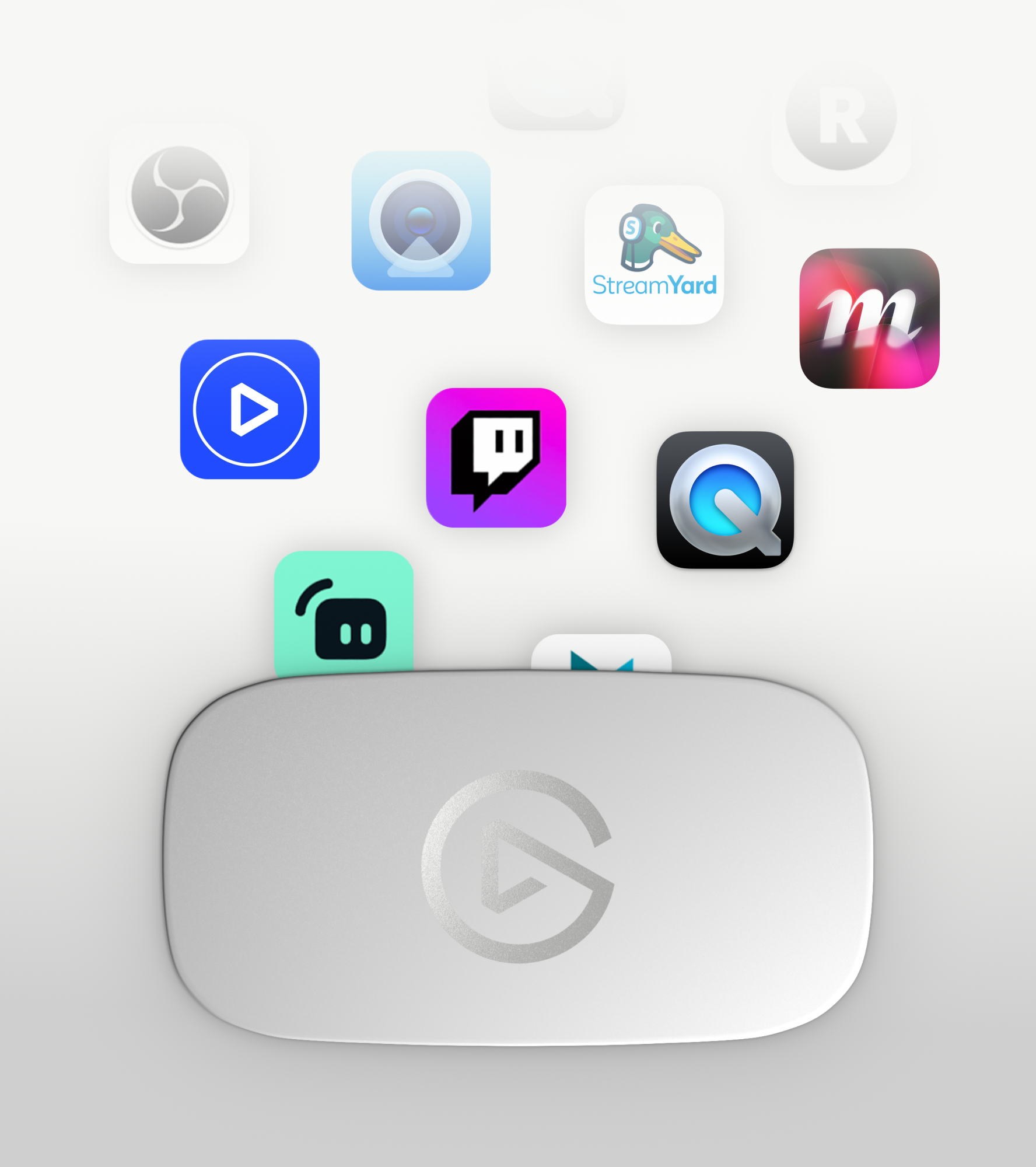 Mehrere App-Icons schweben über einem silbernen Gerät mit einem Logo.