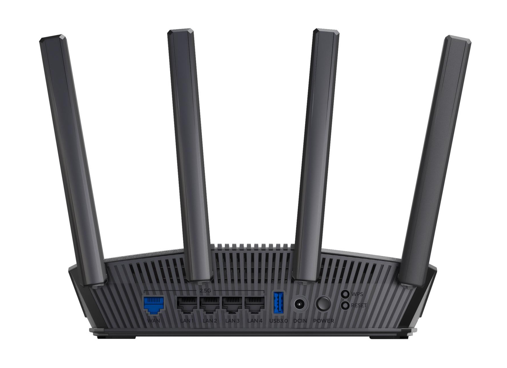 Czarny router Wi-Fi z czterema antenami i portami WAN, LAN, USB i zasilania.