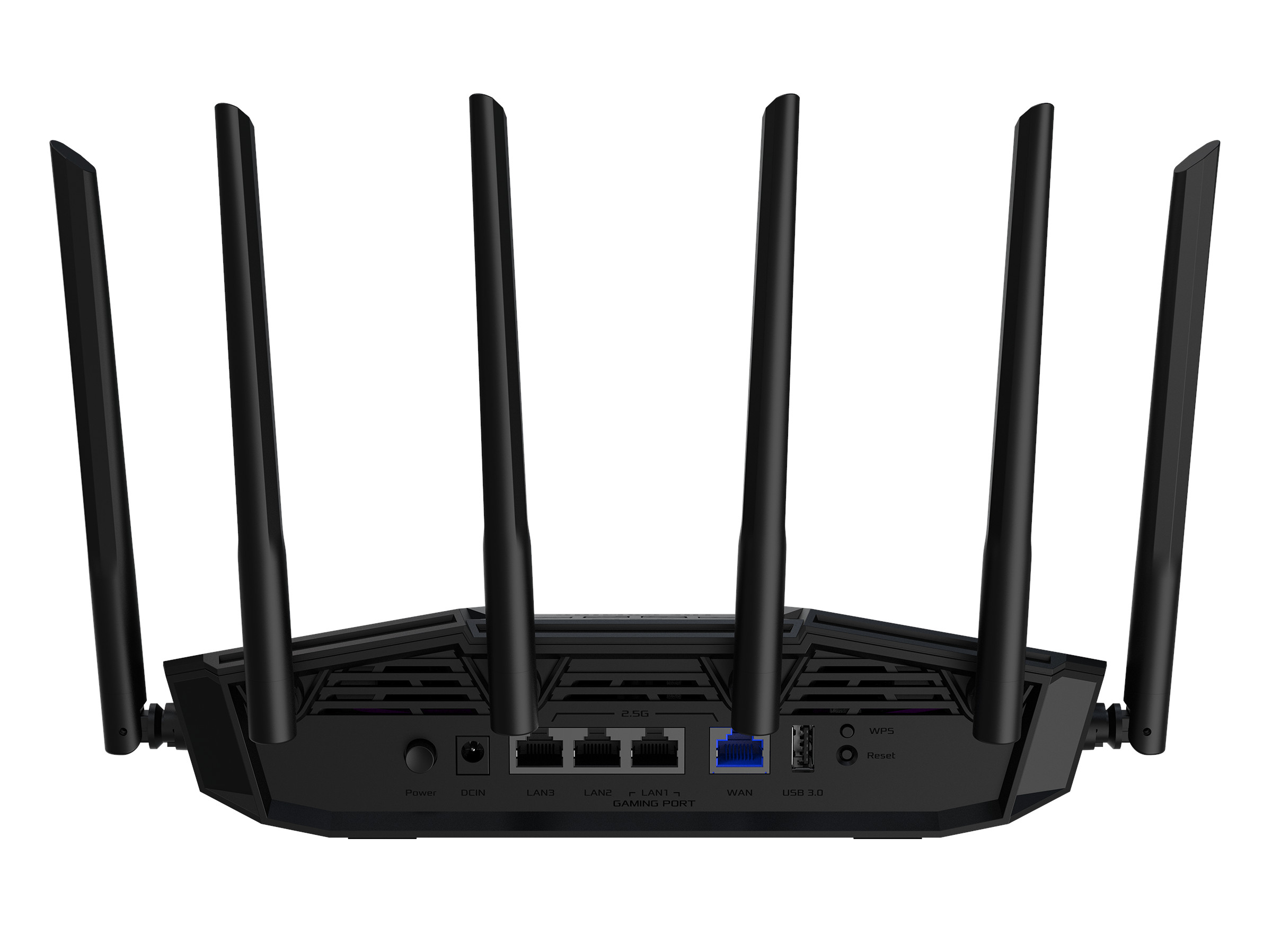 Czarny router z sześcioma antenami, portami i przyciskami.