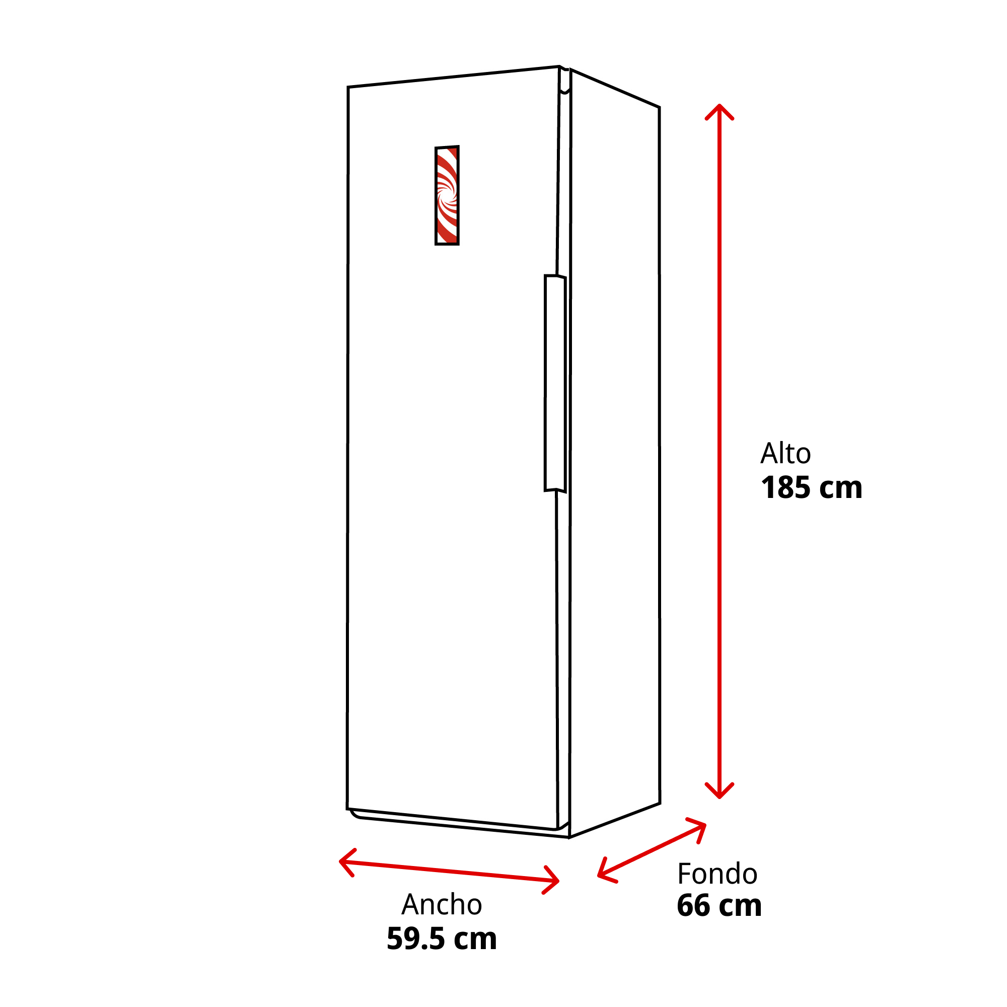 Un refrigerador con dimensiones: Alto 185 cm, Ancho 59.5 cm, Fondo 66 cm.