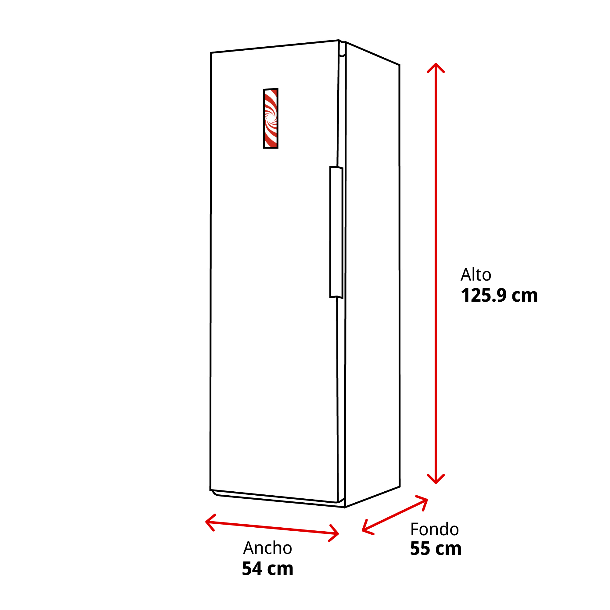 Un refrigerador blanco con medidas rojas: alto 125,9 cm, ancho 54 cm, fondo 55 cm.